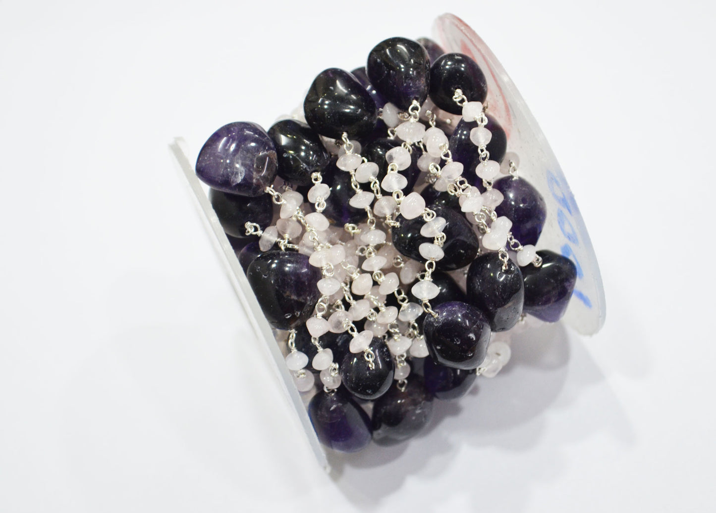 Amethyst Smooth Nuggets Shape Rosary Beaded Chain , Rose Quartz Button Shape Wire Wrapped Chain , 4 - 5 mm , RB-6000