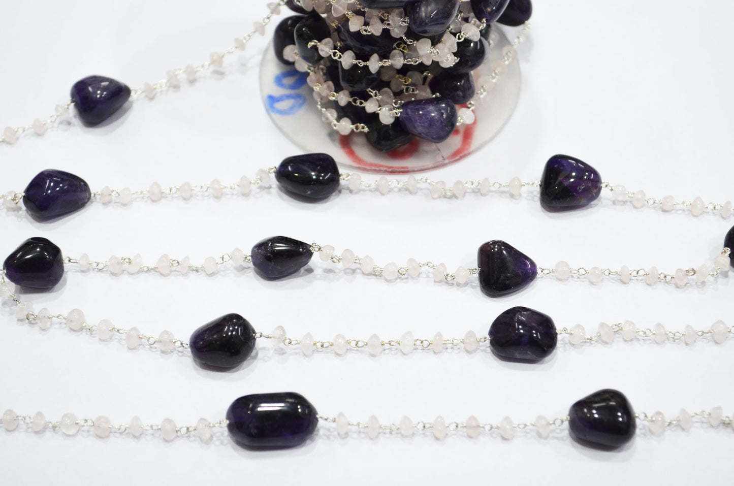 Amethyst Smooth Nuggets Shape Rosary Beaded Chain , Rose Quartz Button Shape Wire Wrapped Chain , 4 - 5 mm , RB-6000