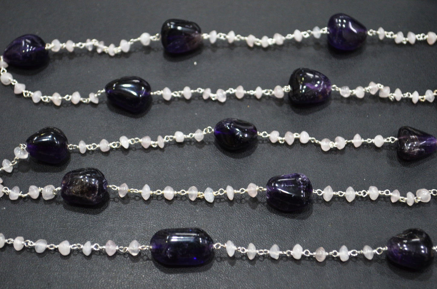 Amethyst Smooth Nuggets Shape Rosary Beaded Chain , Rose Quartz Button Shape Wire Wrapped Chain , 4 - 5 mm , RB-6000