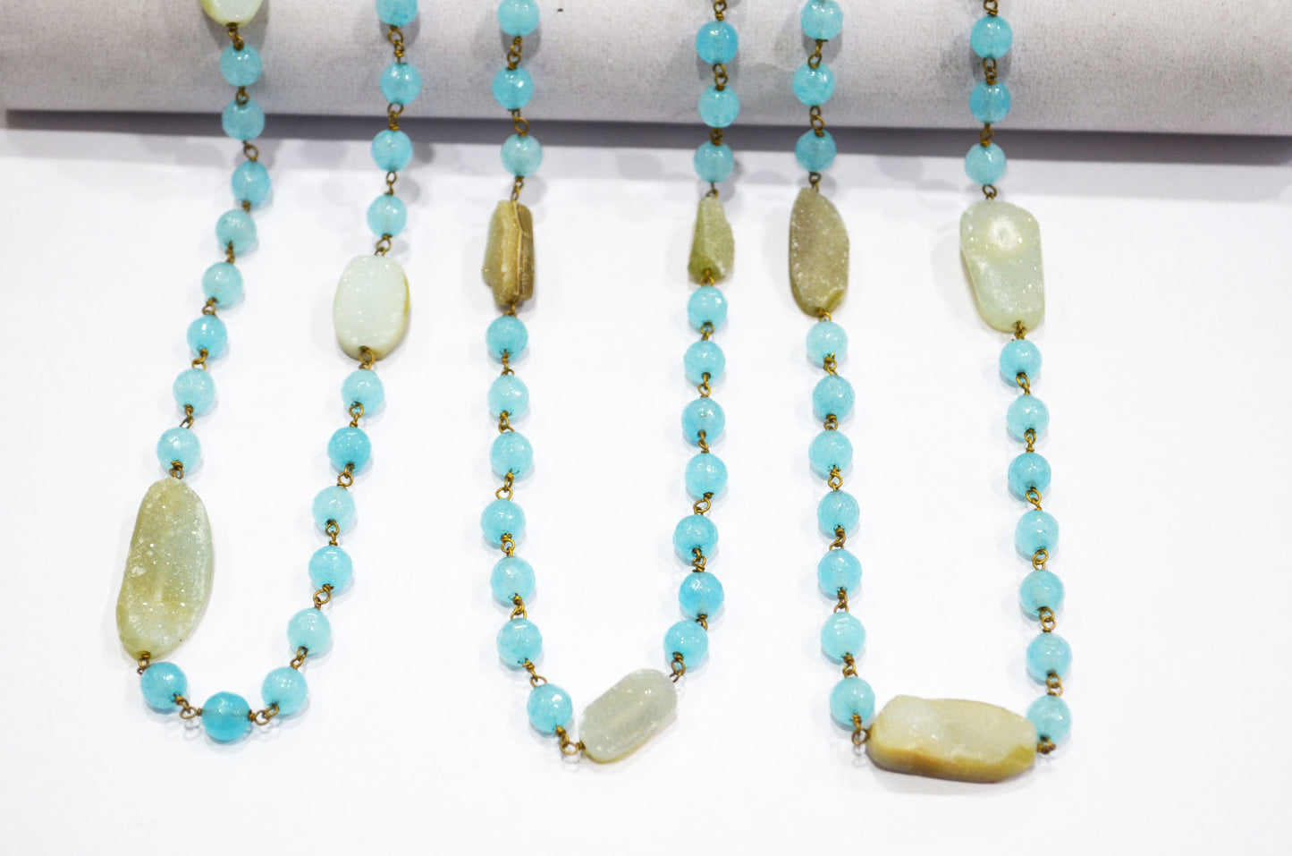 Aqua Chalcedony Faceted Round Shape Rosary Beaded Chain , Aqua Druzy Tumble Shape Wire Wrapped Chain , 6 mm , RB-6001