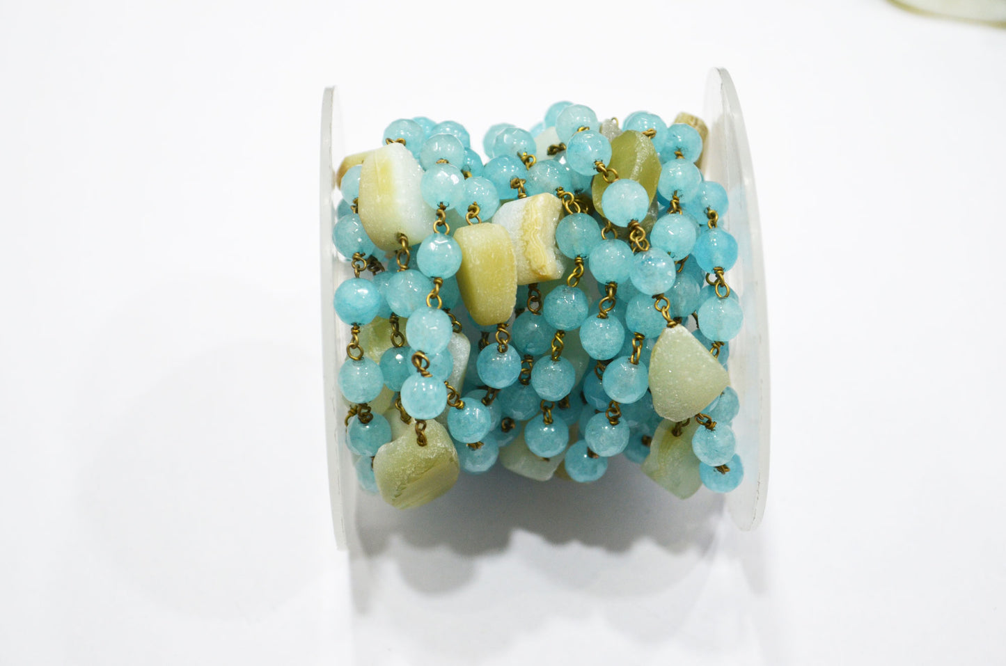Aqua Chalcedony Faceted Round Shape Rosary Beaded Chain , Aqua Druzy Tumble Shape Wire Wrapped Chain , 6 mm , RB-6001