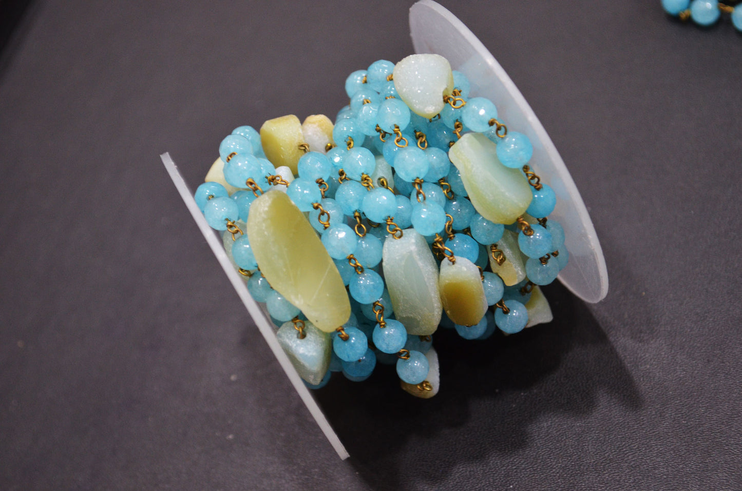 Aqua Chalcedony Faceted Round Shape Rosary Beaded Chain , Aqua Druzy Tumble Shape Wire Wrapped Chain , 6 mm , RB-6001
