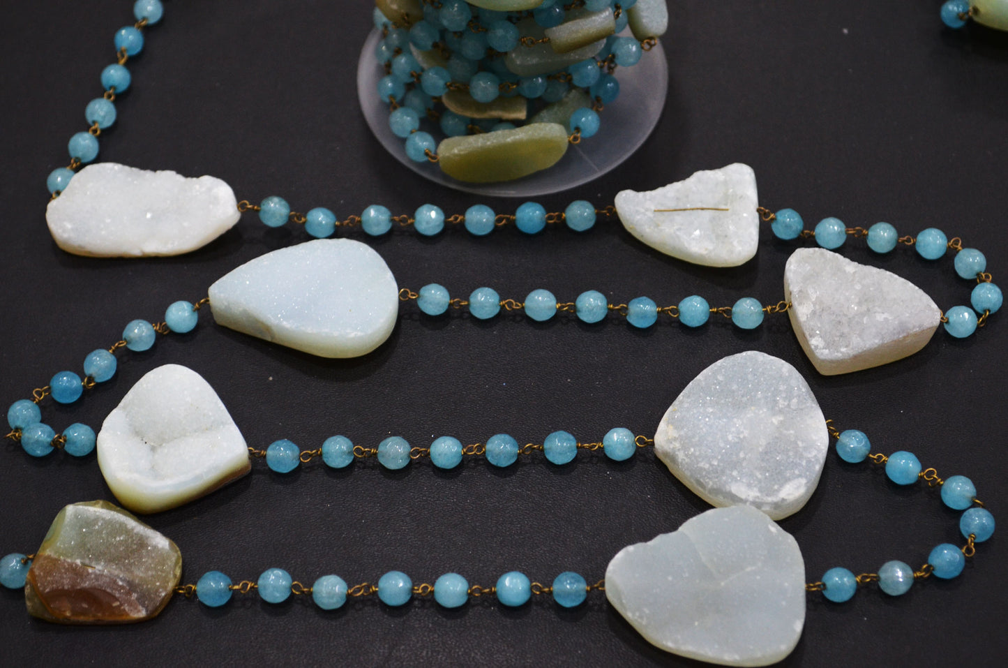 Aqua Chalcedony Faceted Round Shape Rosary Beaded Chain , Aqua Druzy Tumble Shape Wire Wrapped Chain , 6 mm , RB-6001