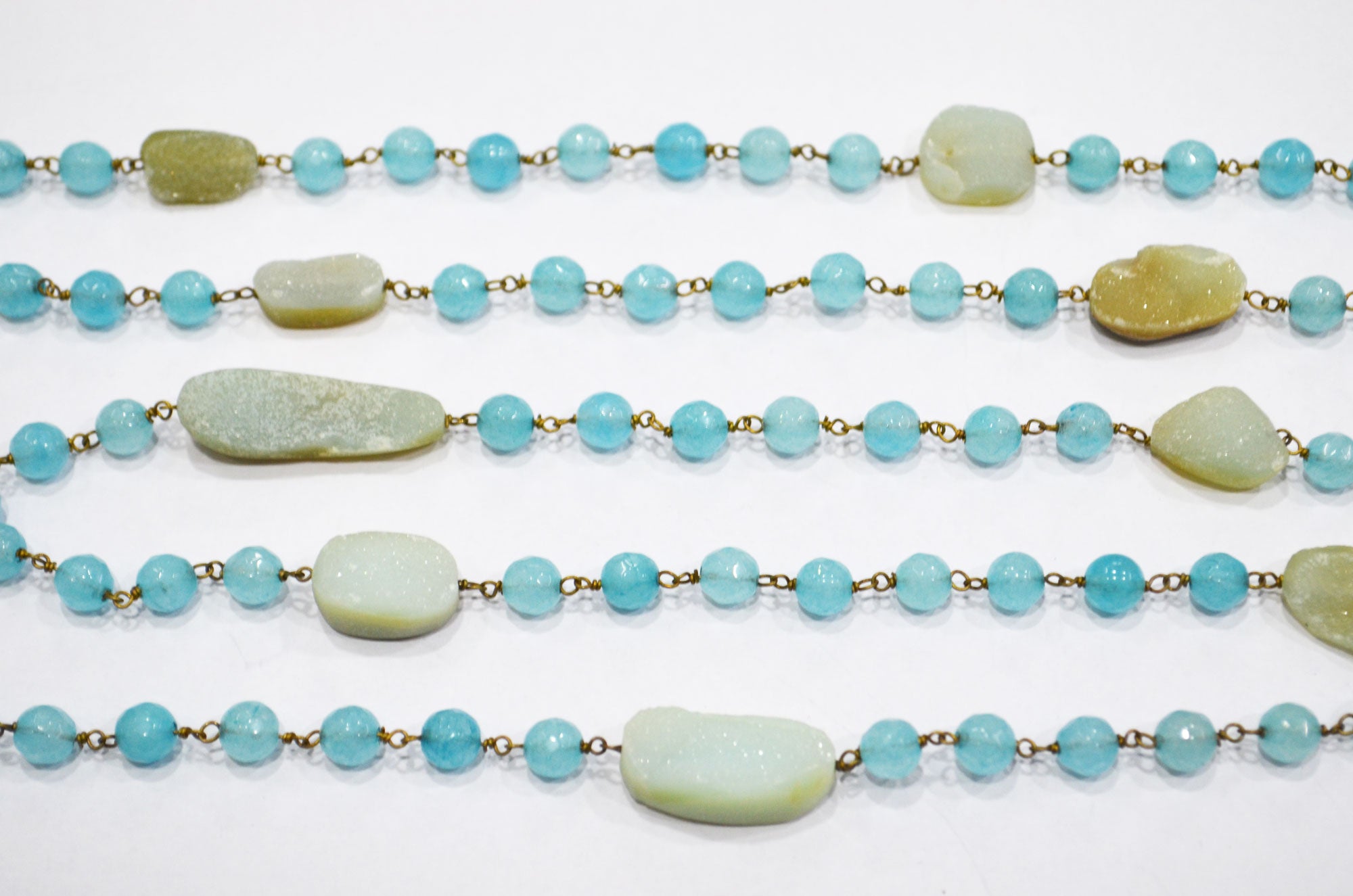 Aqua Chalcedony Faceted Round Shape Rosary Beaded Chain , Aqua Druzy Tumble Shape Wire Wrapped Chain , 6 mm , RB-6001