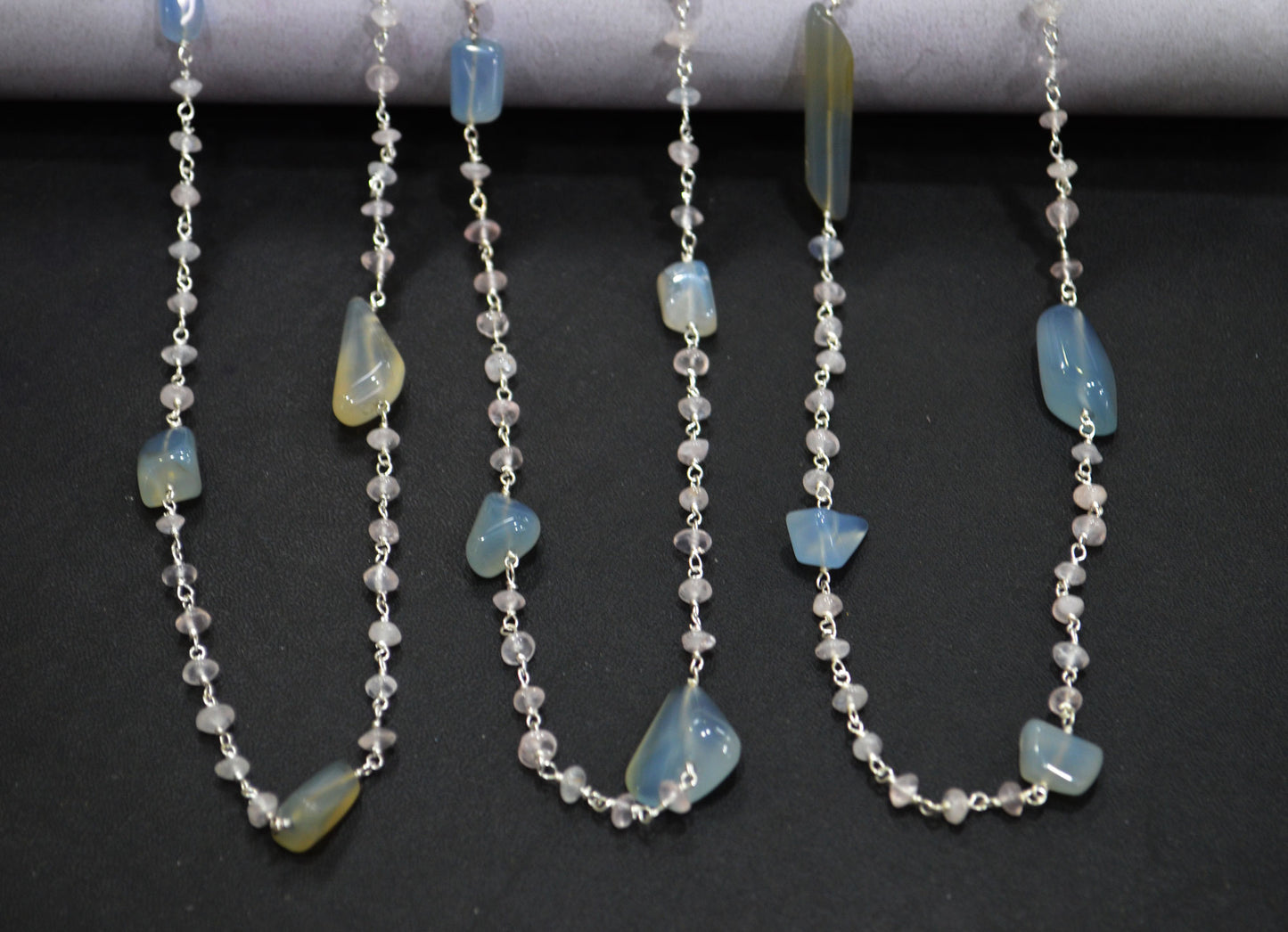 Aqua Chalcedony Smooth Nuggets Shape Rosary Beaded Chain , Rose Quartz Button Shape Wire Wrapped Chain , 3 - 4 mm , RB-6002