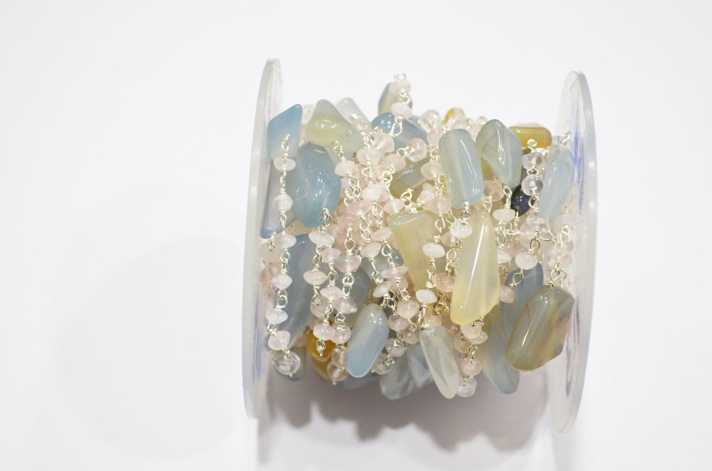 Aqua Chalcedony Smooth Nuggets Shape Rosary Beaded Chain , Rose Quartz Button Shape Wire Wrapped Chain , 3 - 4 mm , RB-6002
