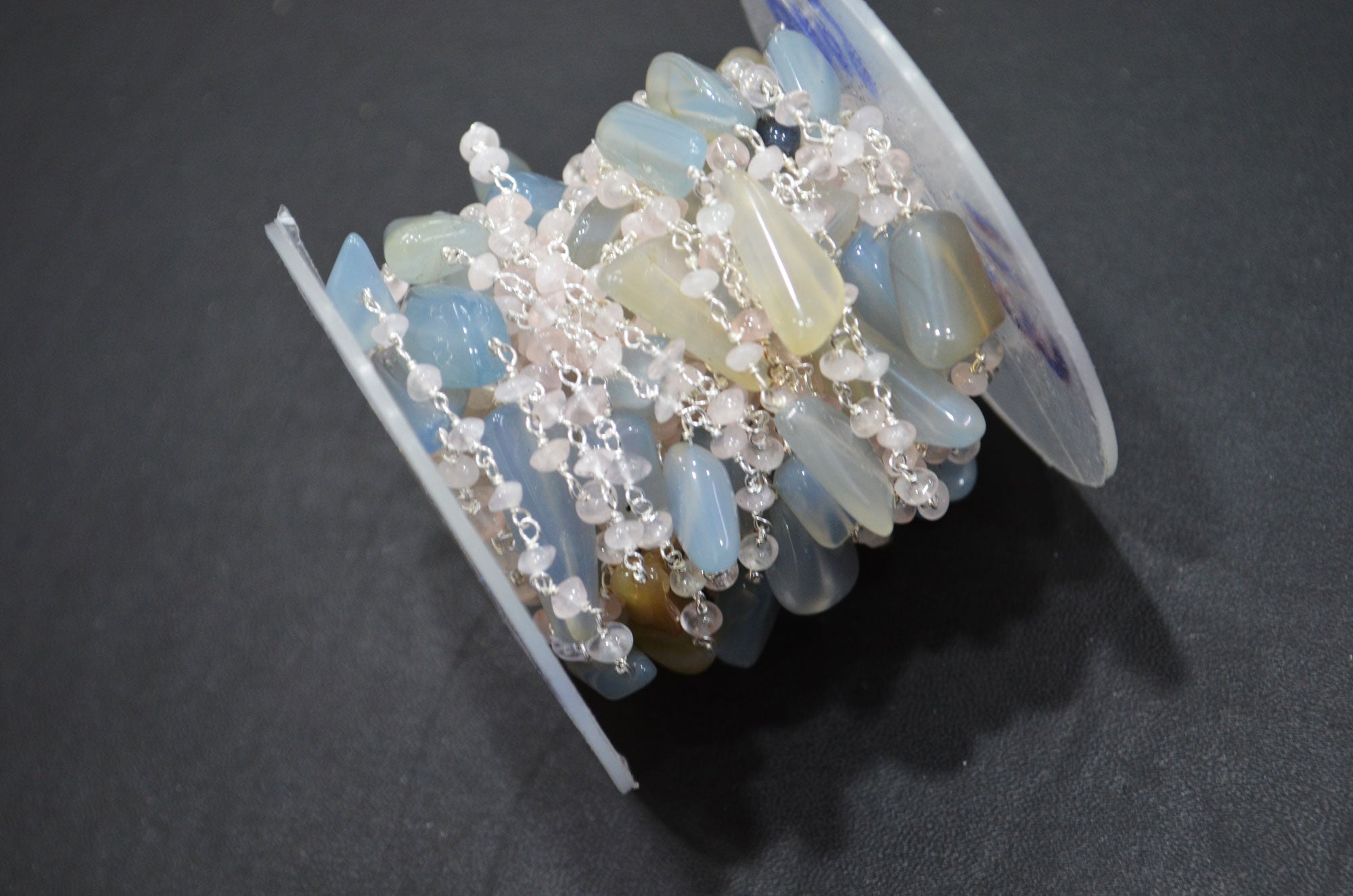 Aqua Chalcedony Smooth Nuggets Shape Rosary Beaded Chain , Rose Quartz Button Shape Wire Wrapped Chain , 3 - 4 mm , RB-6002