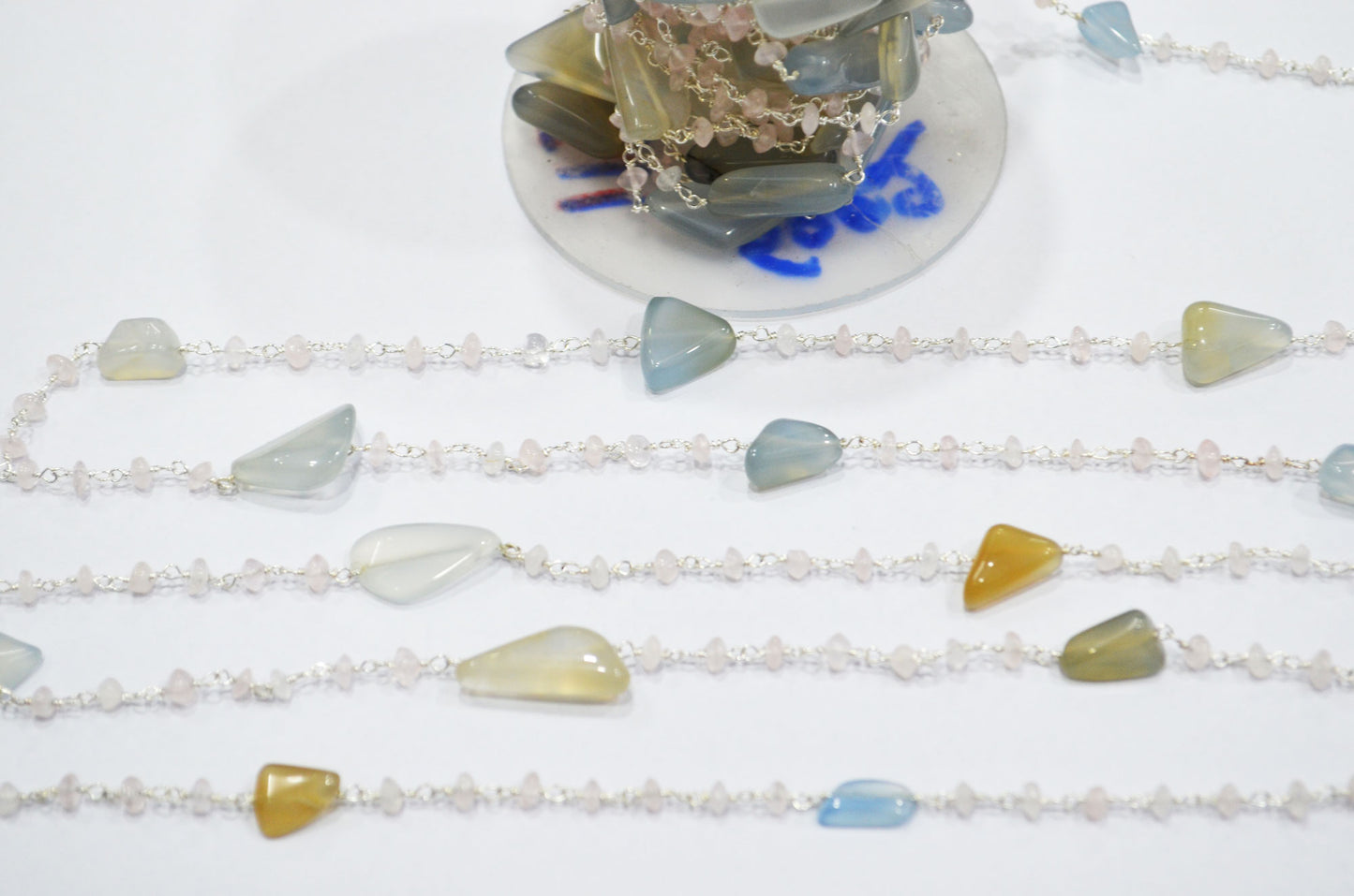 Aqua Chalcedony Smooth Nuggets Shape Rosary Beaded Chain , Rose Quartz Button Shape Wire Wrapped Chain , 3 - 4 mm , RB-6002