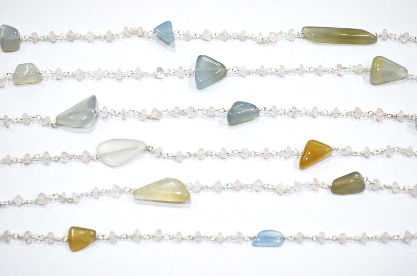 Aqua Chalcedony Smooth Nuggets Shape Rosary Beaded Chain , Rose Quartz Button Shape Wire Wrapped Chain , 3 - 4 mm , RB-6002