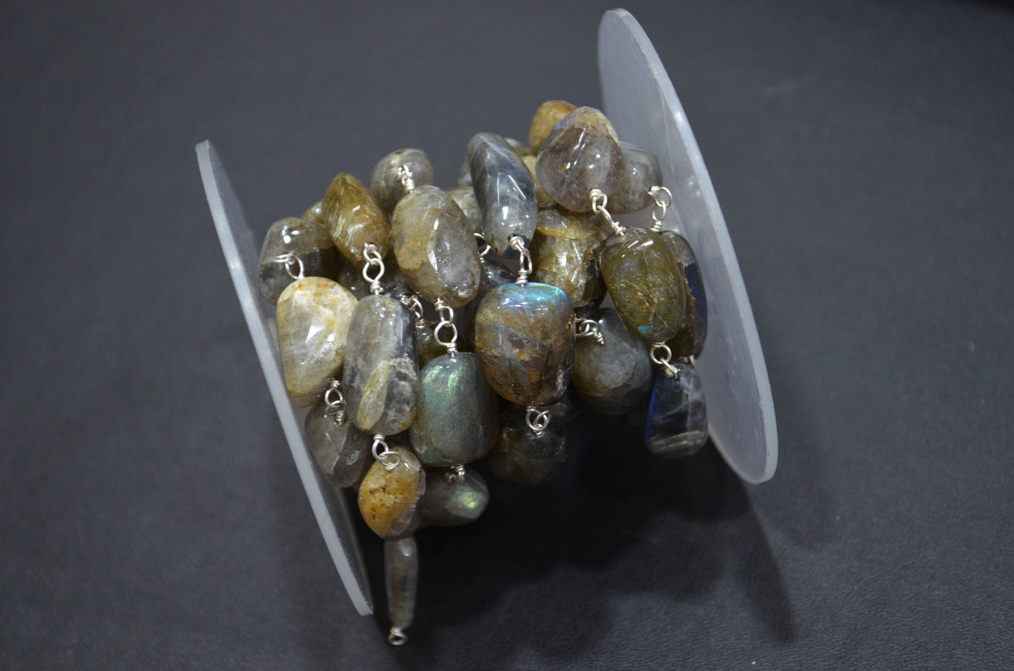 Natural Raw Organic Labradorite Smooth Rosary Beaded Chain , 8 - 14 mm , RB-6005
