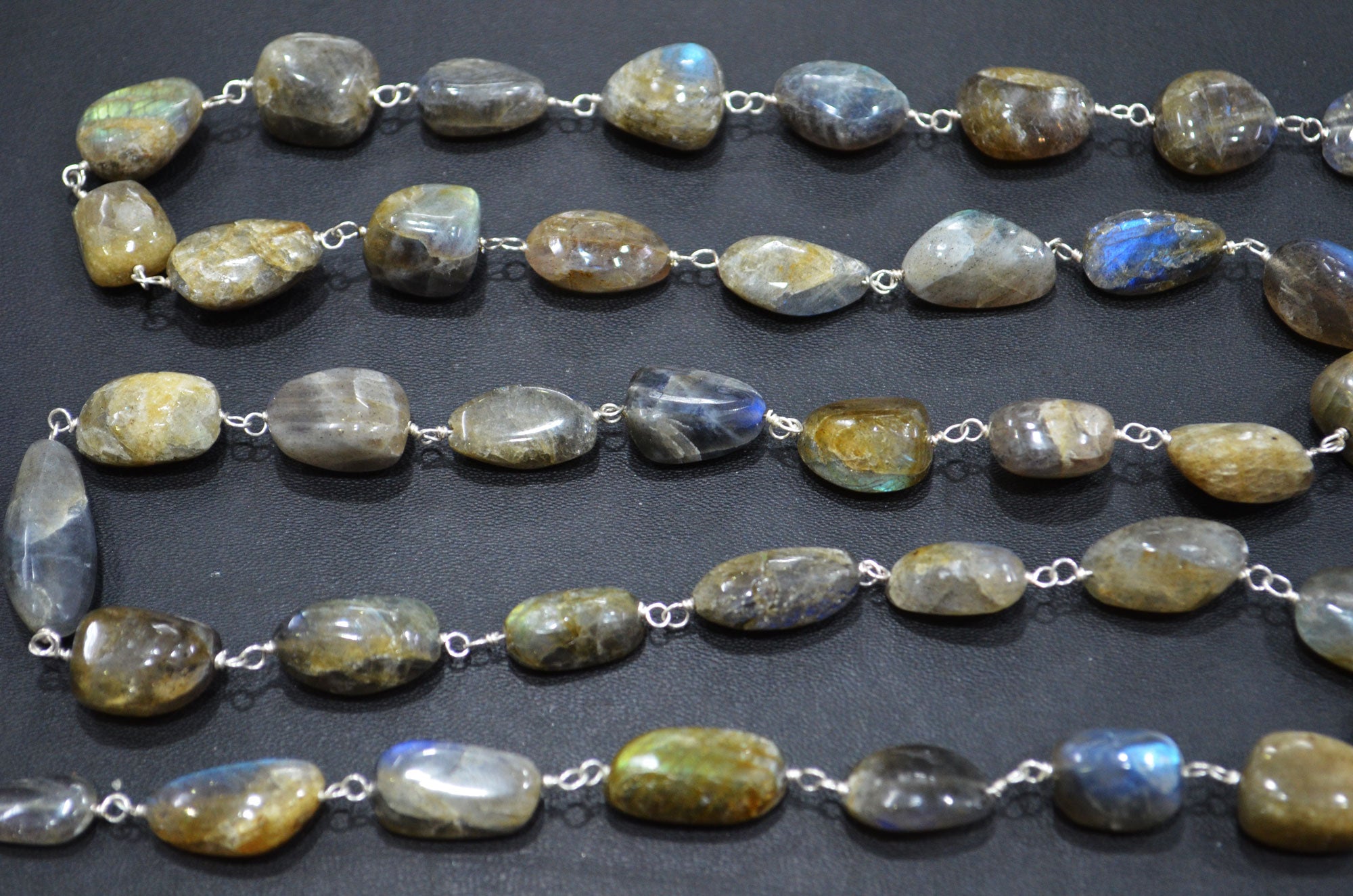 Natural Raw Organic Labradorite Smooth Rosary Beaded Chain , 8 - 14 mm , RB-6005