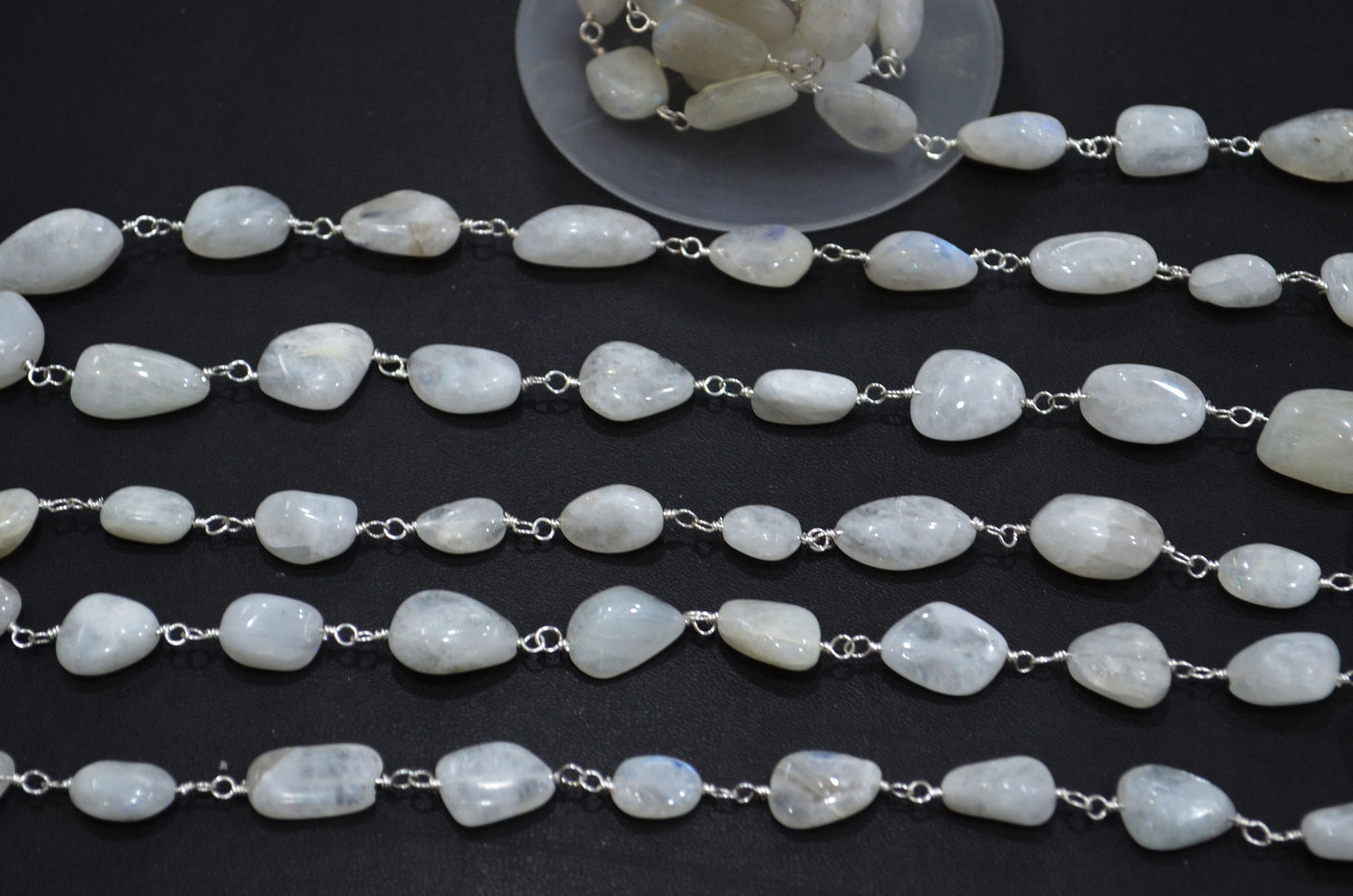 Rainbow Moonstone Smooth Rosary Beaded Chain , 8 - 14 mm , RB-6006