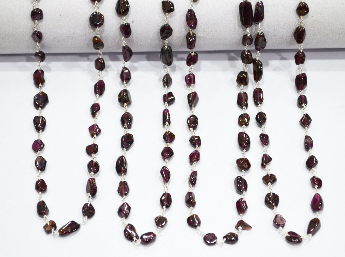 Natural Raw Organic Rhodolite Garnet Smooth Rosary Beaded Chain , 4 - 7 mm , RB-6011