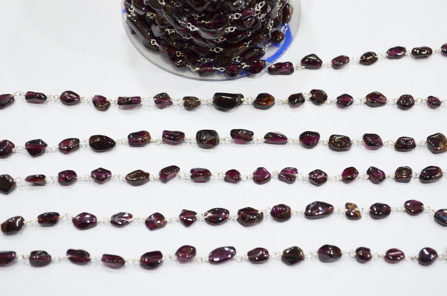 Natural Raw Organic Rhodolite Garnet Smooth Rosary Beaded Chain , 4 - 7 mm , RB-6011