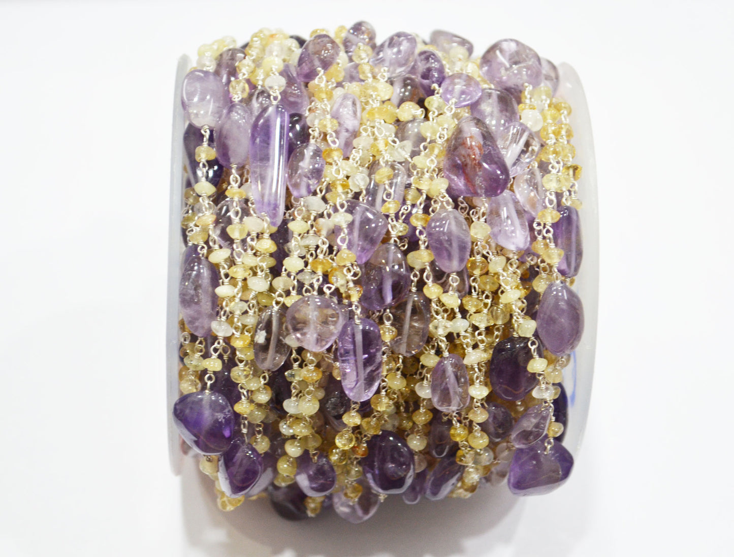 Pink Amethyst Smooth Nuggets Shape Rosary Beaded Chain , Citrine Button Shape Wire Wrapped Chain , 3 - 4 mm , RB-6012