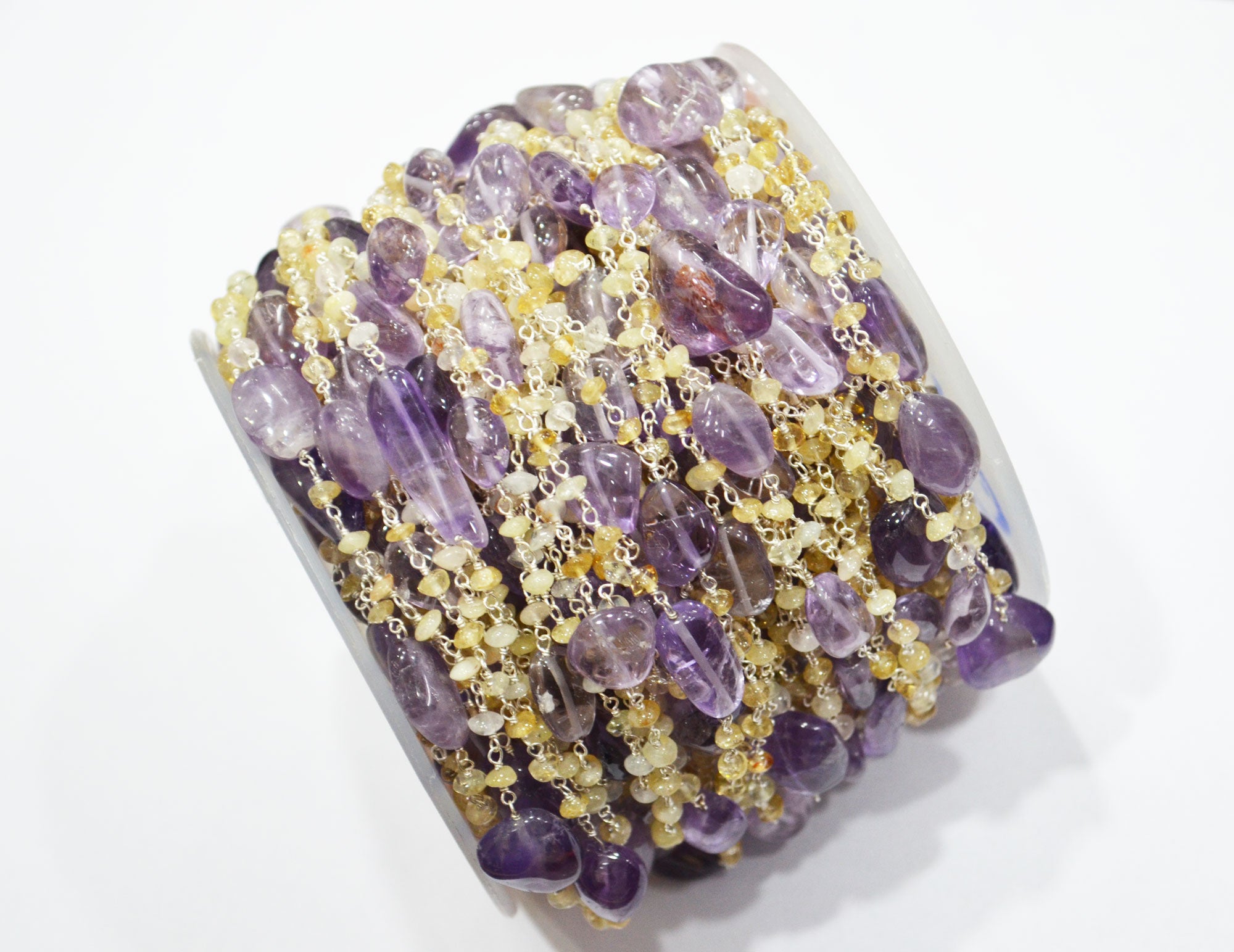 Pink Amethyst Smooth Nuggets Shape Rosary Beaded Chain , Citrine Button Shape Wire Wrapped Chain , 3 - 4 mm , RB-6012