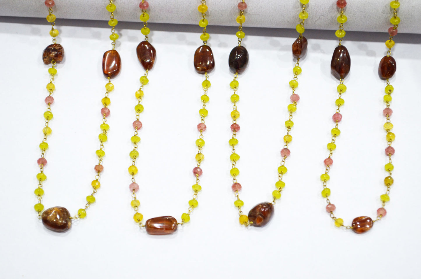 Frangipani Jade Faceted Rondelle Shape Rosary Beaded Chain , Hessonite Smooth Nuggets Wire Wrapped Chain , 4 mm , RB-6013