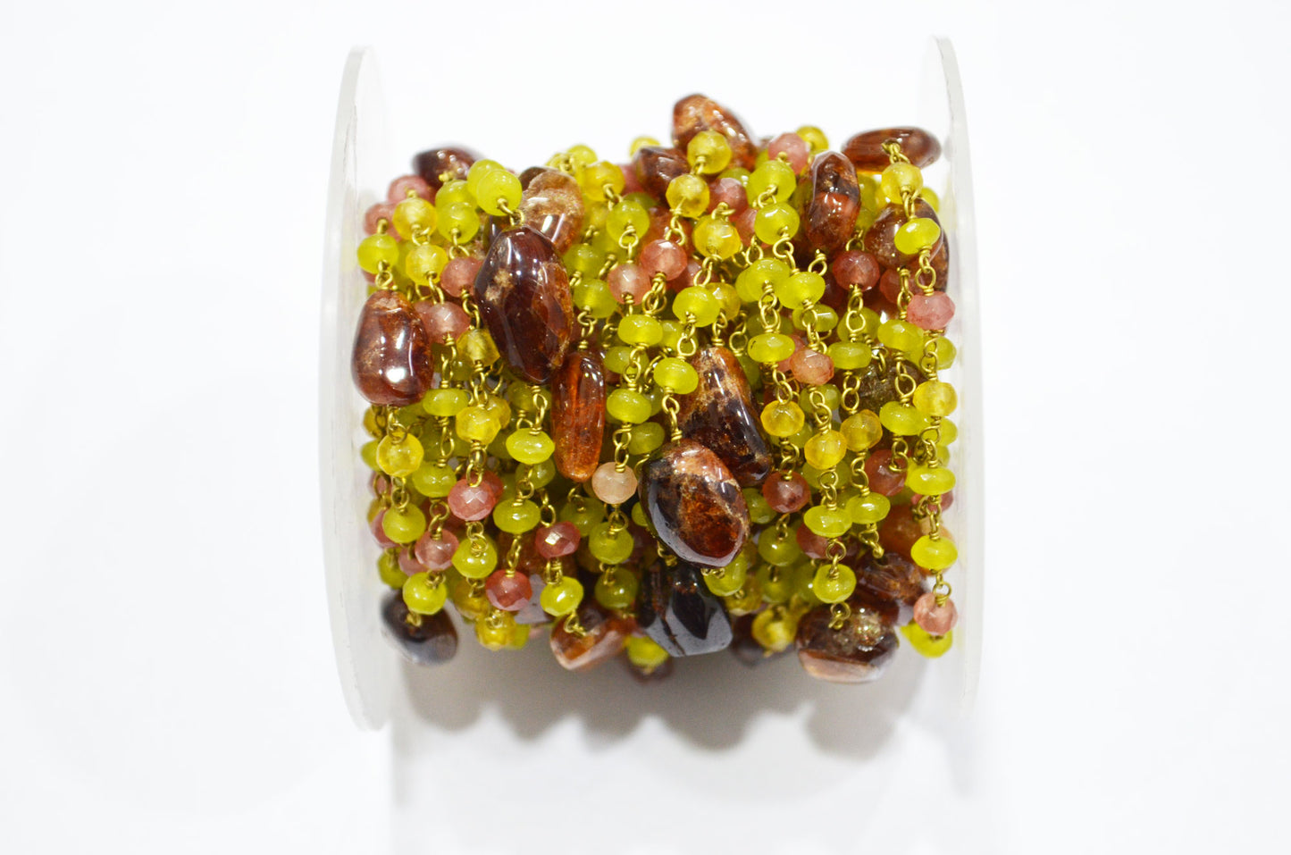 Frangipani Jade Faceted Rondelle Shape Rosary Beaded Chain , Hessonite Smooth Nuggets Wire Wrapped Chain , 4 mm , RB-6013