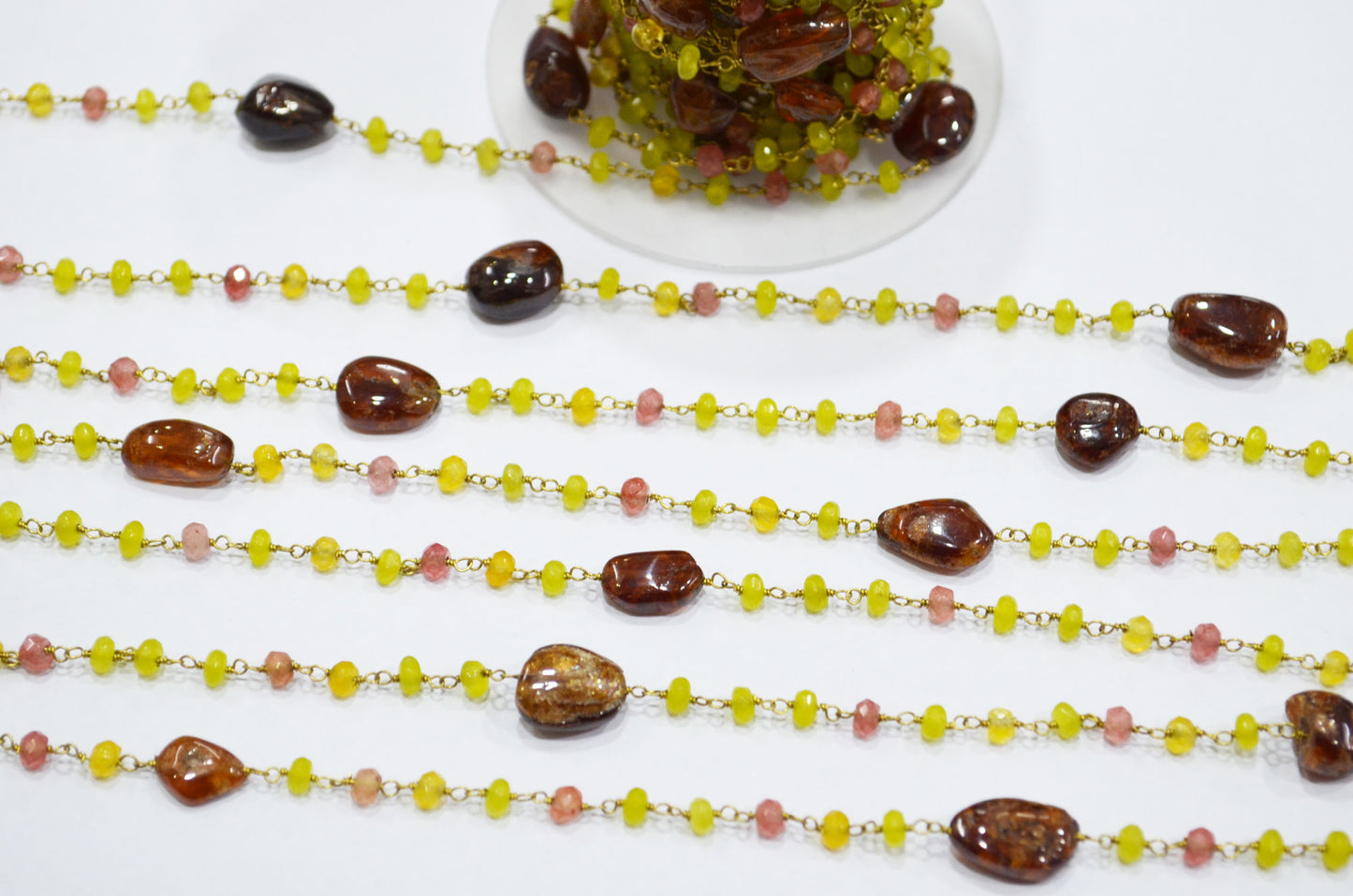 Frangipani Jade Faceted Rondelle Shape Rosary Beaded Chain , Hessonite Smooth Nuggets Wire Wrapped Chain , 4 mm , RB-6013