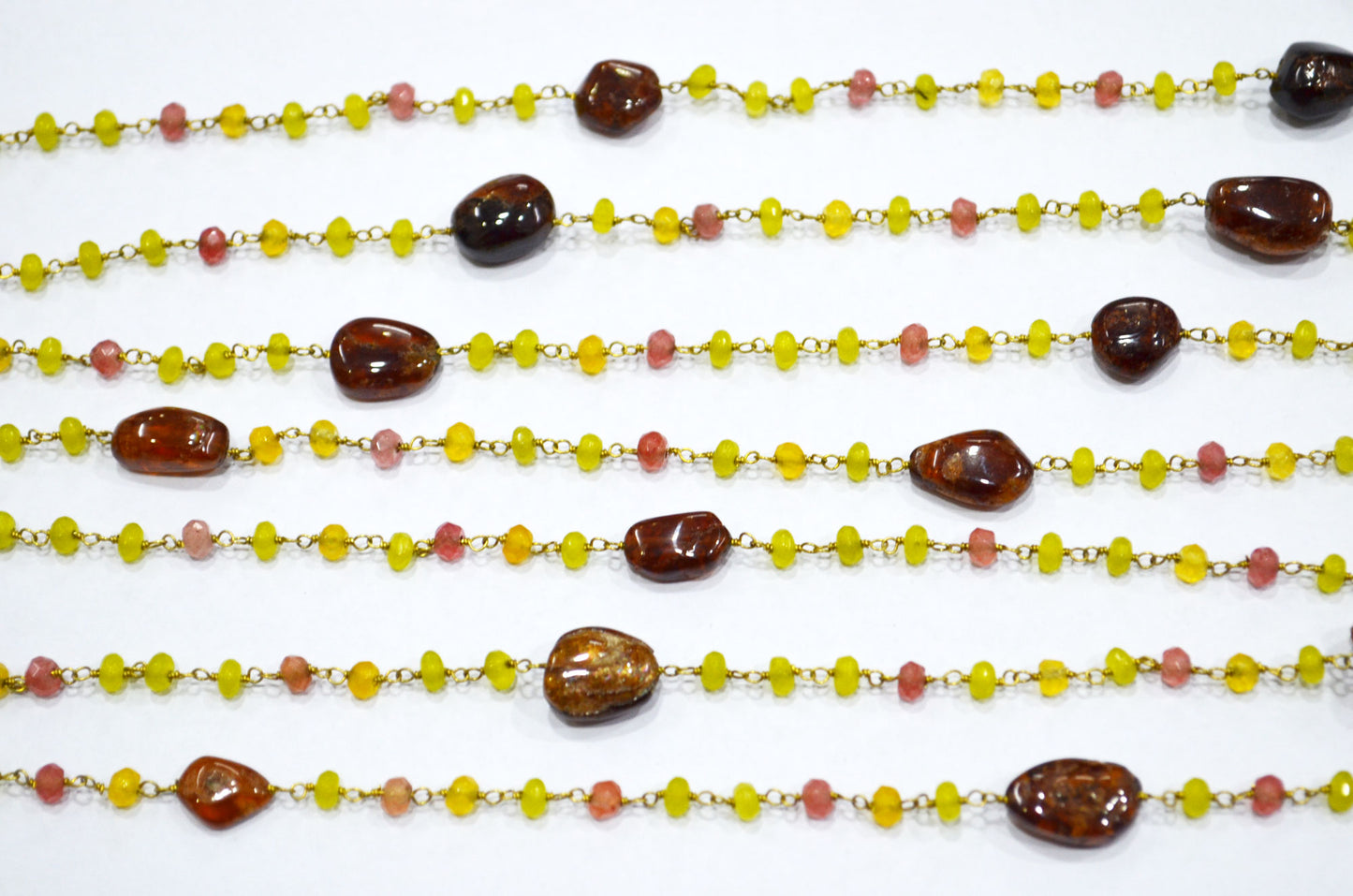 Frangipani Jade Faceted Rondelle Shape Rosary Beaded Chain , Hessonite Smooth Nuggets Wire Wrapped Chain , 4 mm , RB-6013