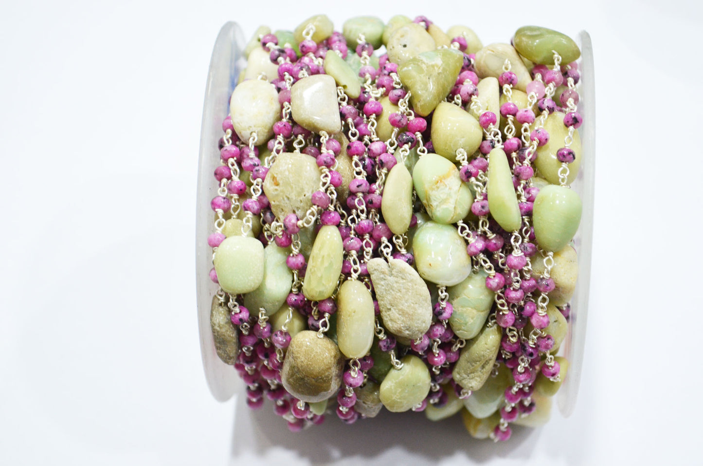 Rhodochrosite Jade Faceted Rondelle Shape Rosary Beaded Chain , Chrysoprase Smooth Nuggets Wire Wrapped Chain , 4 mm ,RB-6014