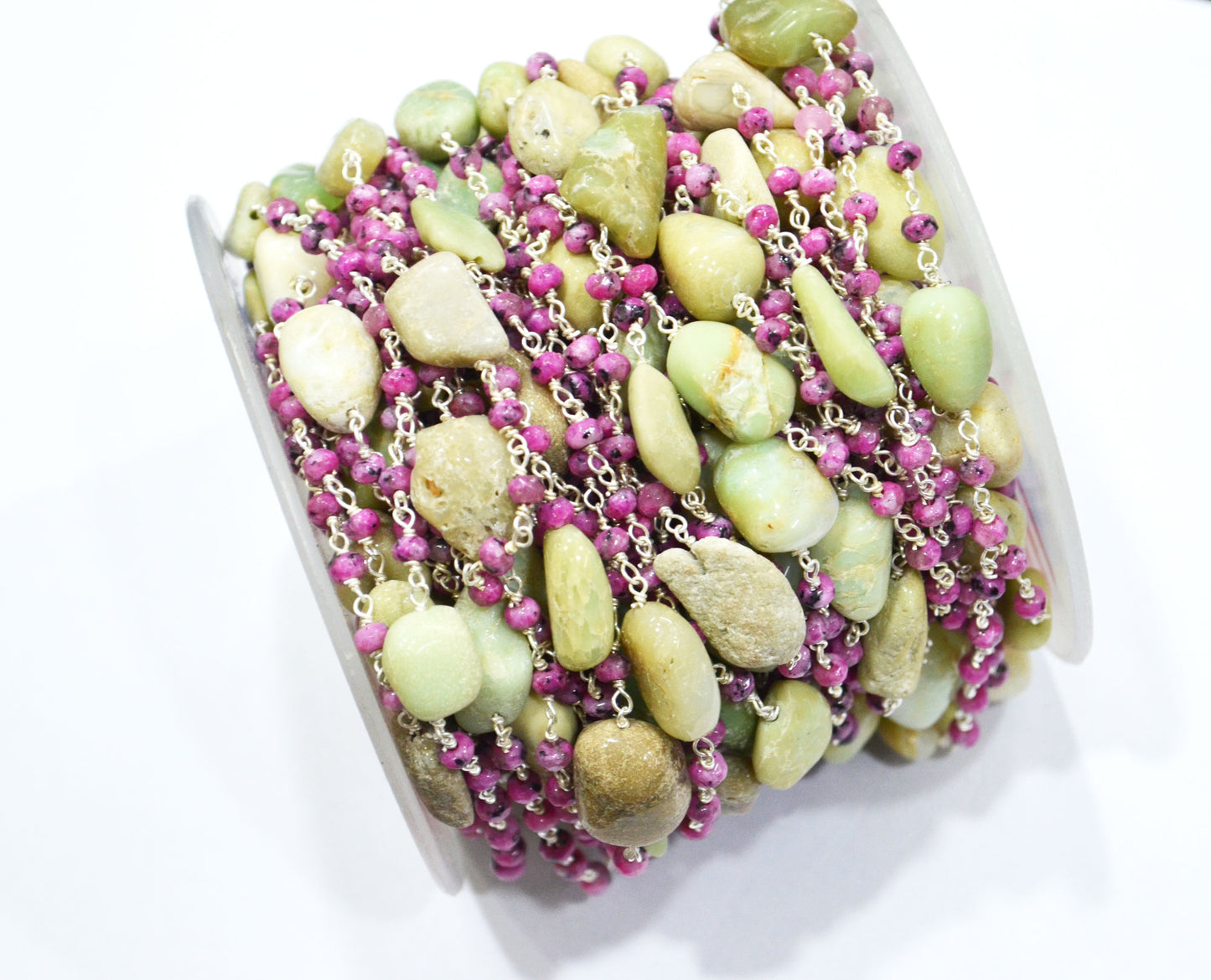 Rhodochrosite Jade Faceted Rondelle Shape Rosary Beaded Chain , Chrysoprase Smooth Nuggets Wire Wrapped Chain , 4 mm ,RB-6014
