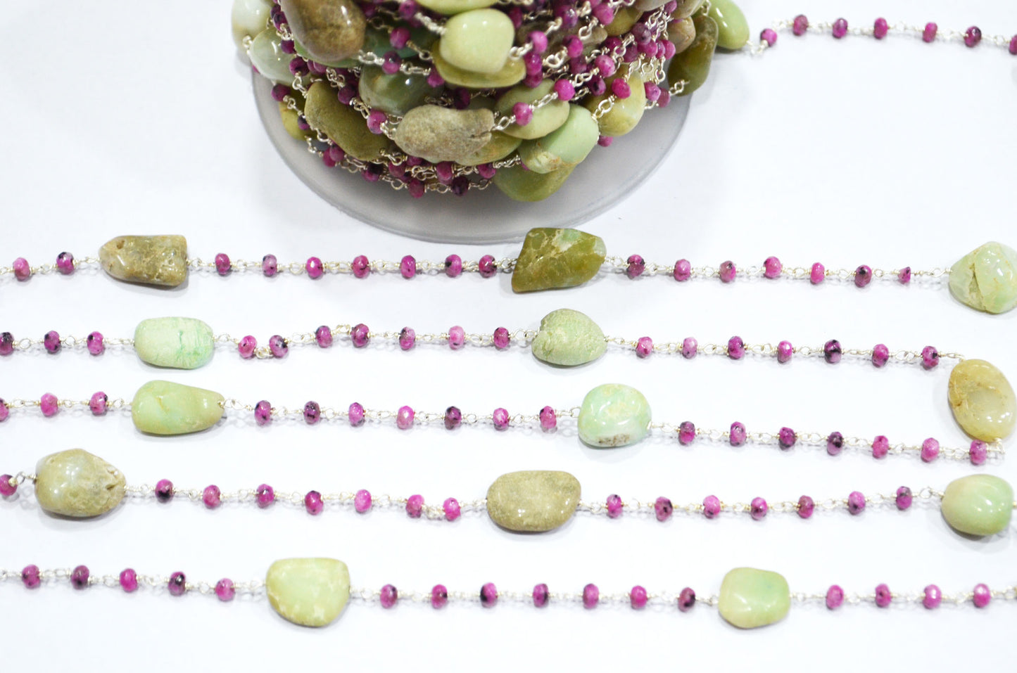 Rhodochrosite Jade Faceted Rondelle Shape Rosary Beaded Chain , Chrysoprase Smooth Nuggets Wire Wrapped Chain , 4 mm ,RB-6014