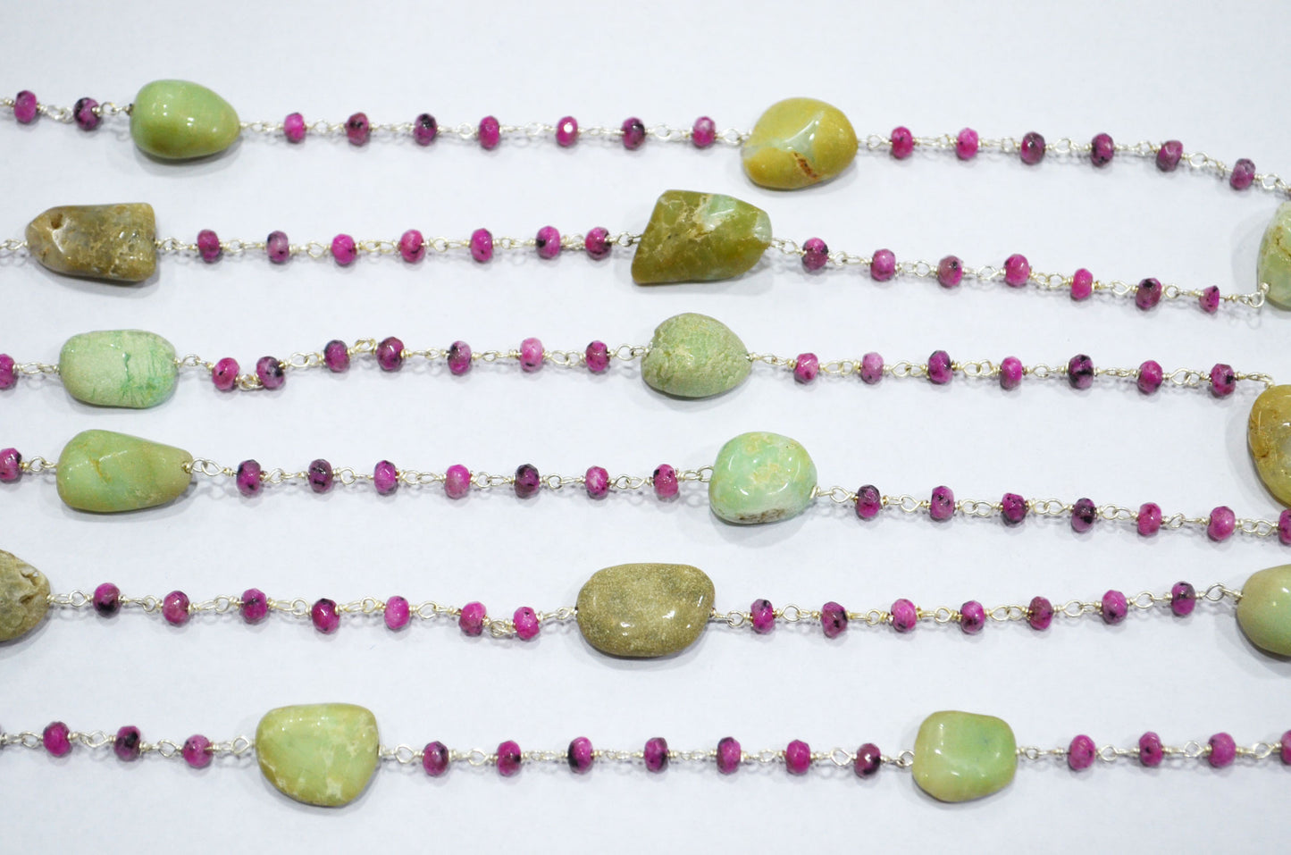 Rhodochrosite Jade Faceted Rondelle Shape Rosary Beaded Chain , Chrysoprase Smooth Nuggets Wire Wrapped Chain , 4 mm ,RB-6014