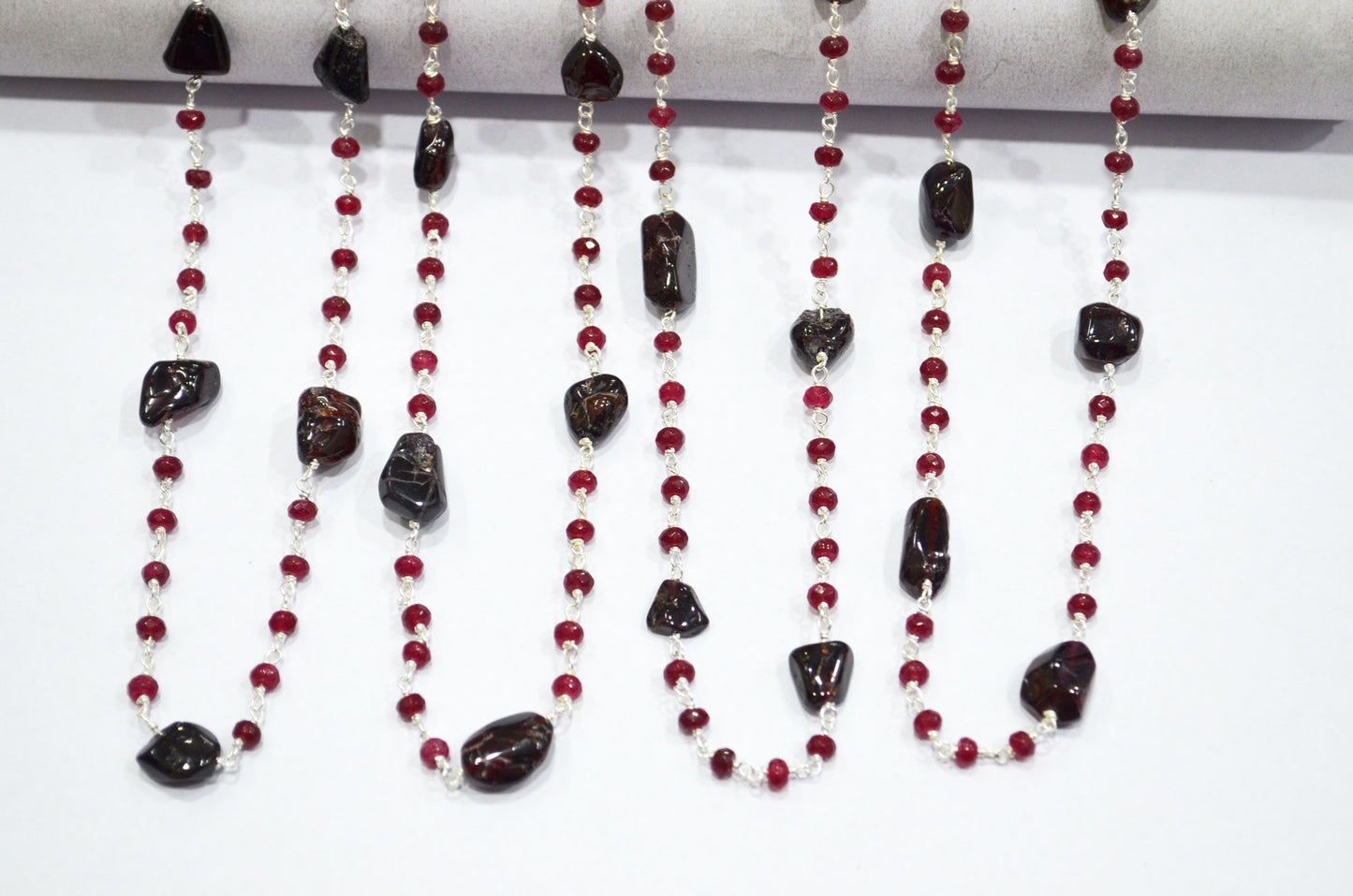 Ruby Jade Faceted Rondelle Shape Rosary Beaded Chain , Garnet Smooth Nuggets Wire Wrapped Chain , 4 mm , RB-6015