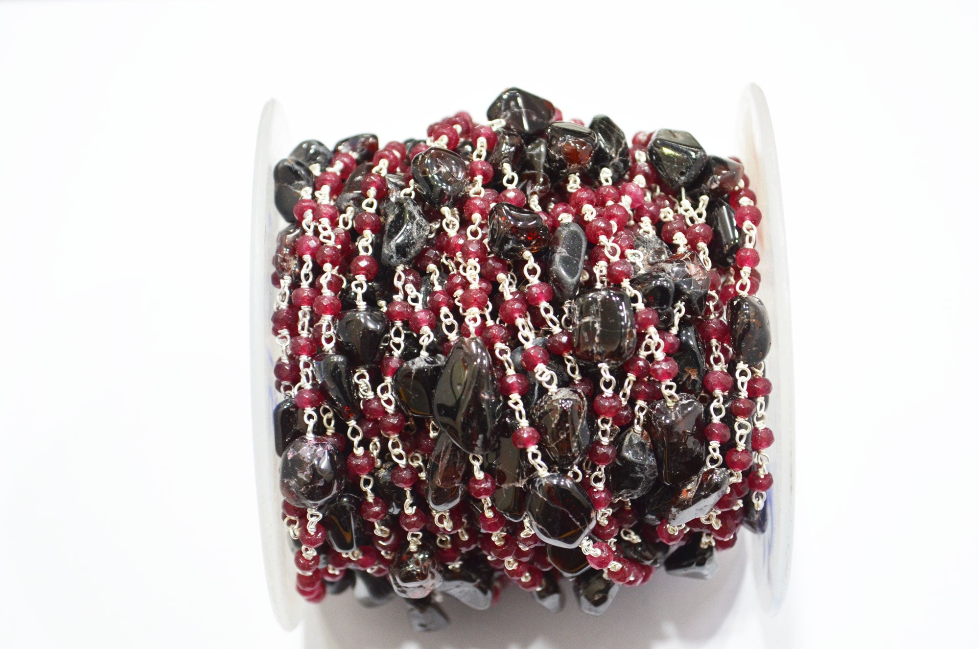 Ruby Jade Faceted Rondelle Shape Rosary Beaded Chain , Garnet Smooth Nuggets Wire Wrapped Chain , 4 mm , RB-6015