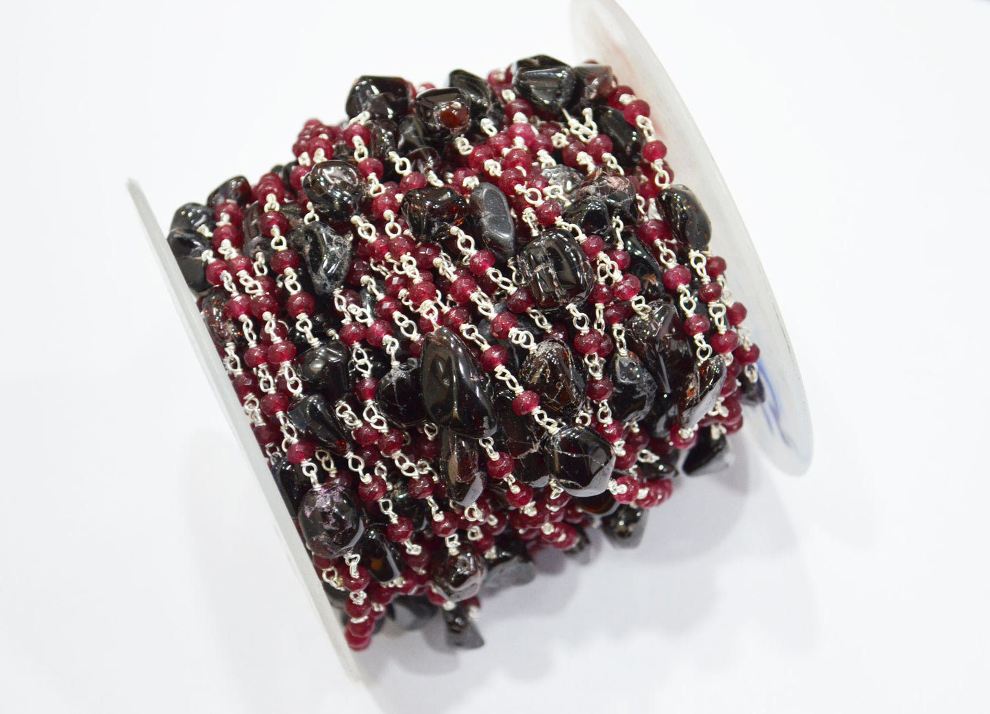 Ruby Jade Faceted Rondelle Shape Rosary Beaded Chain , Garnet Smooth Nuggets Wire Wrapped Chain , 4 mm , RB-6015
