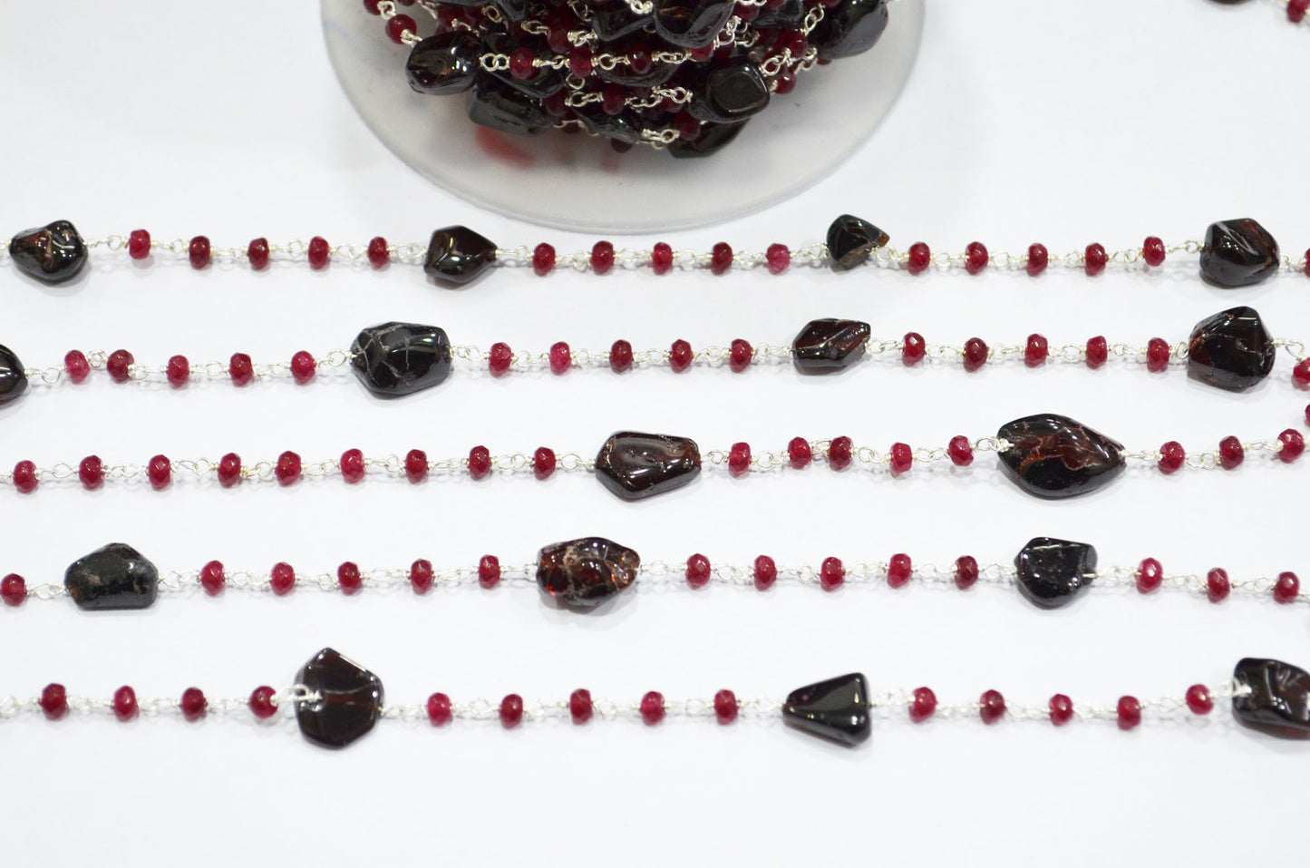 Ruby Jade Faceted Rondelle Shape Rosary Beaded Chain , Garnet Smooth Nuggets Wire Wrapped Chain , 4 mm , RB-6015