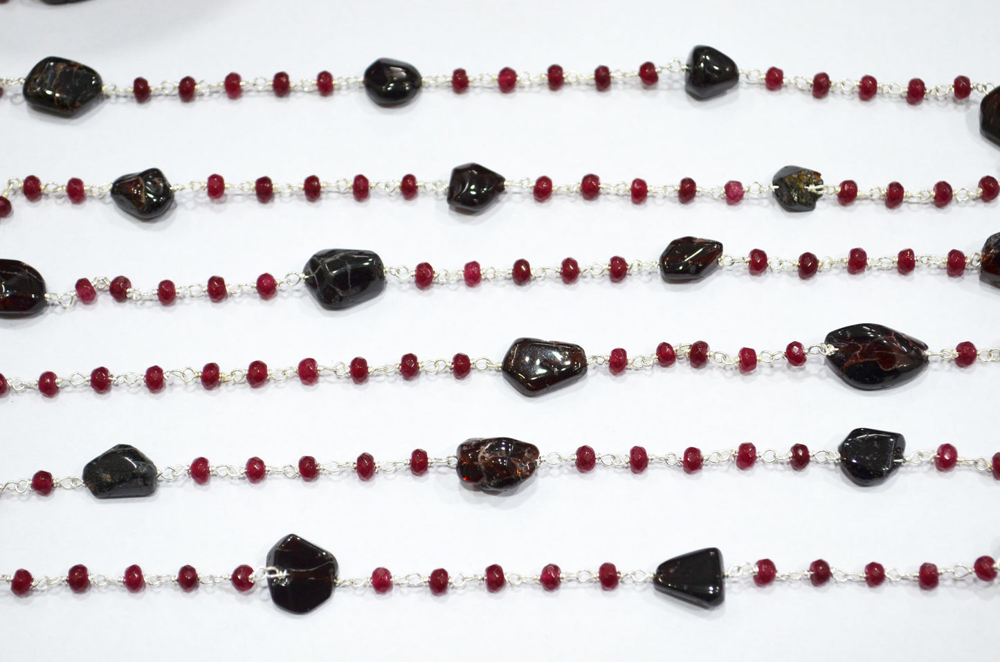 Ruby Jade Faceted Rondelle Shape Rosary Beaded Chain , Garnet Smooth Nuggets Wire Wrapped Chain , 4 mm , RB-6015