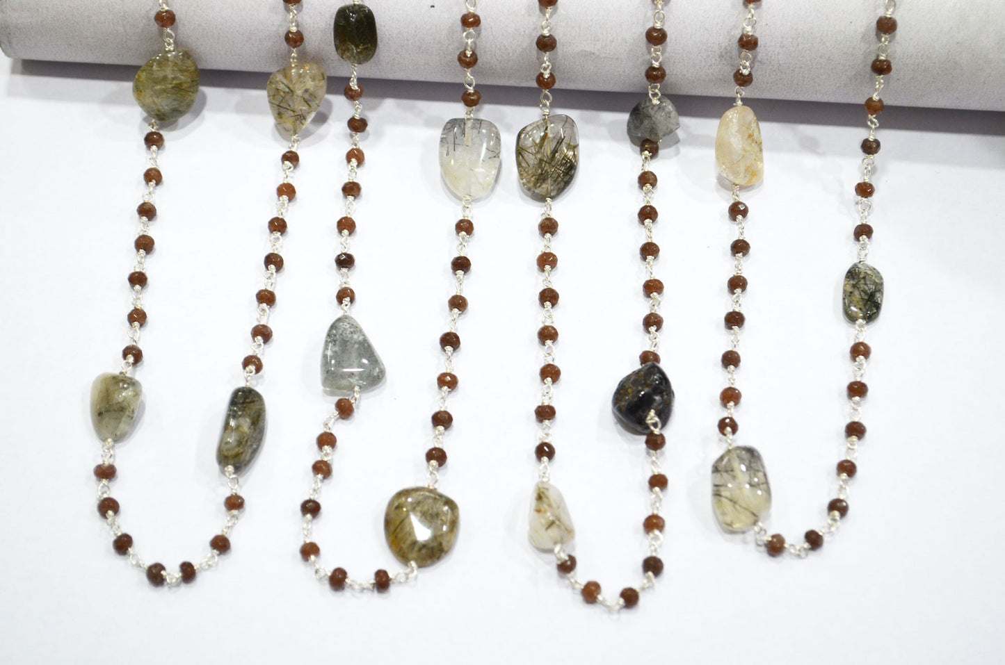 Chocolate Jade Faceted Rondelle Shape Rosary Beaded Chain , Black Rutile Smooth Nuggets Wire Wrapped Chain , 4 mm , RB-6016