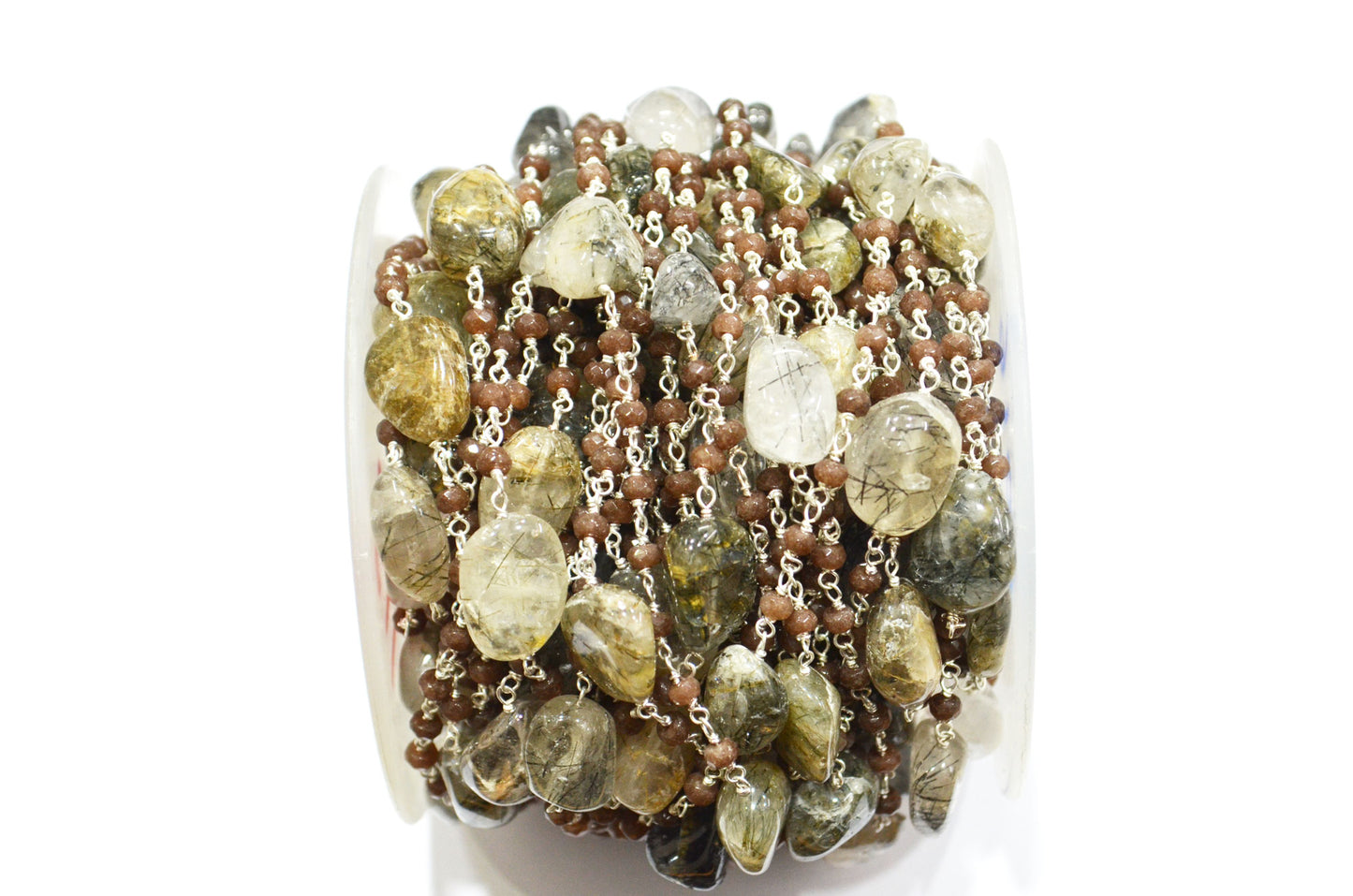 Chocolate Jade Faceted Rondelle Shape Rosary Beaded Chain , Black Rutile Smooth Nuggets Wire Wrapped Chain , 4 mm , RB-6016