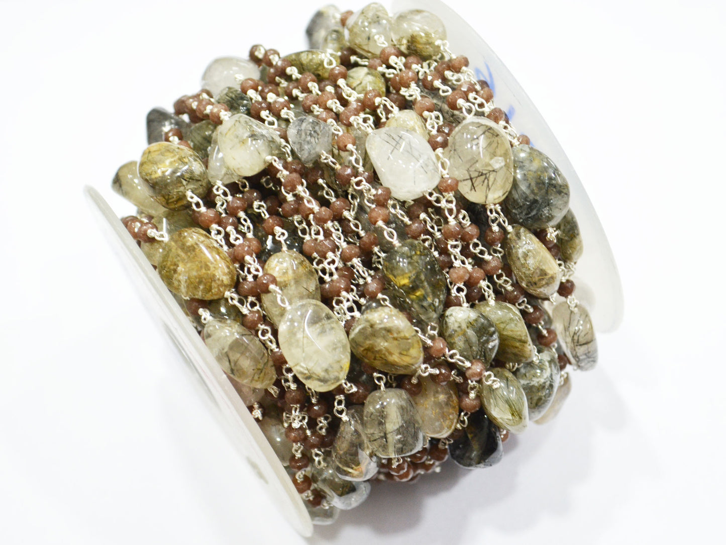 Chocolate Jade Faceted Rondelle Shape Rosary Beaded Chain , Black Rutile Smooth Nuggets Wire Wrapped Chain , 4 mm , RB-6016
