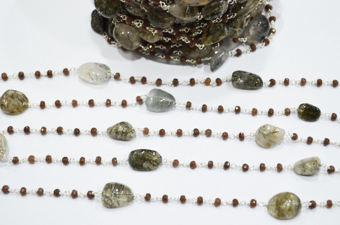 Chocolate Jade Faceted Rondelle Shape Rosary Beaded Chain , Black Rutile Smooth Nuggets Wire Wrapped Chain , 4 mm , RB-6016