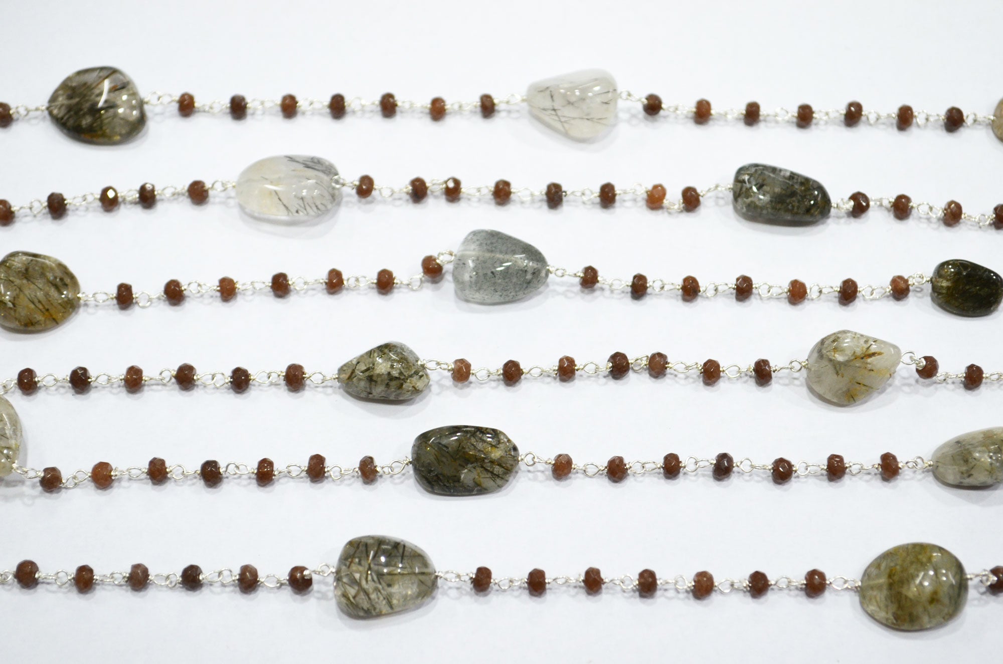 Chocolate Jade Faceted Rondelle Shape Rosary Beaded Chain , Black Rutile Smooth Nuggets Wire Wrapped Chain , 4 mm , RB-6016