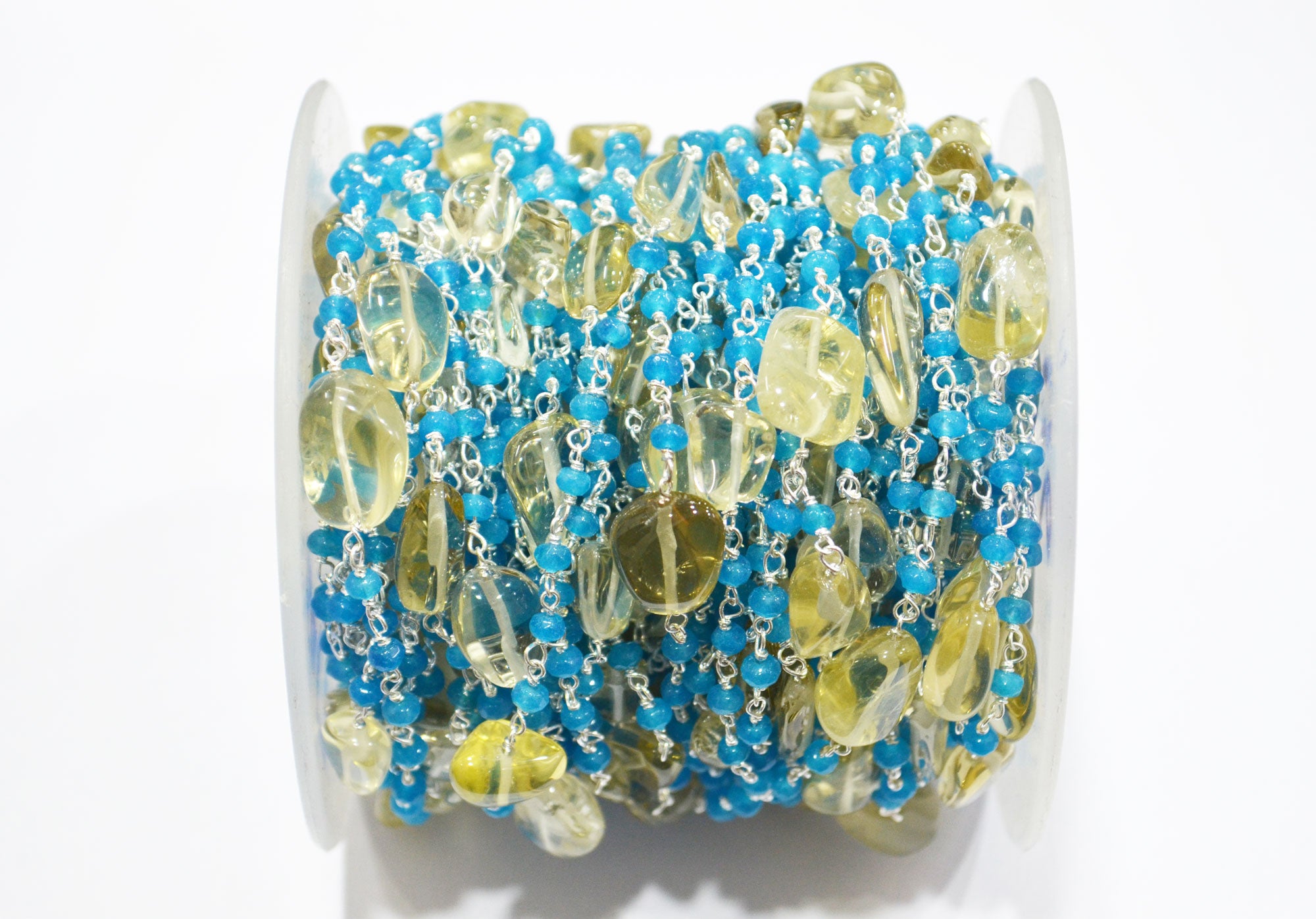 Neon Jade Faceted Rondelle Shape Rosary Beaded Chain , Lemon Quartz Smooth Nuggets Wire Wrapped Chain , 4 mm , RB-6017