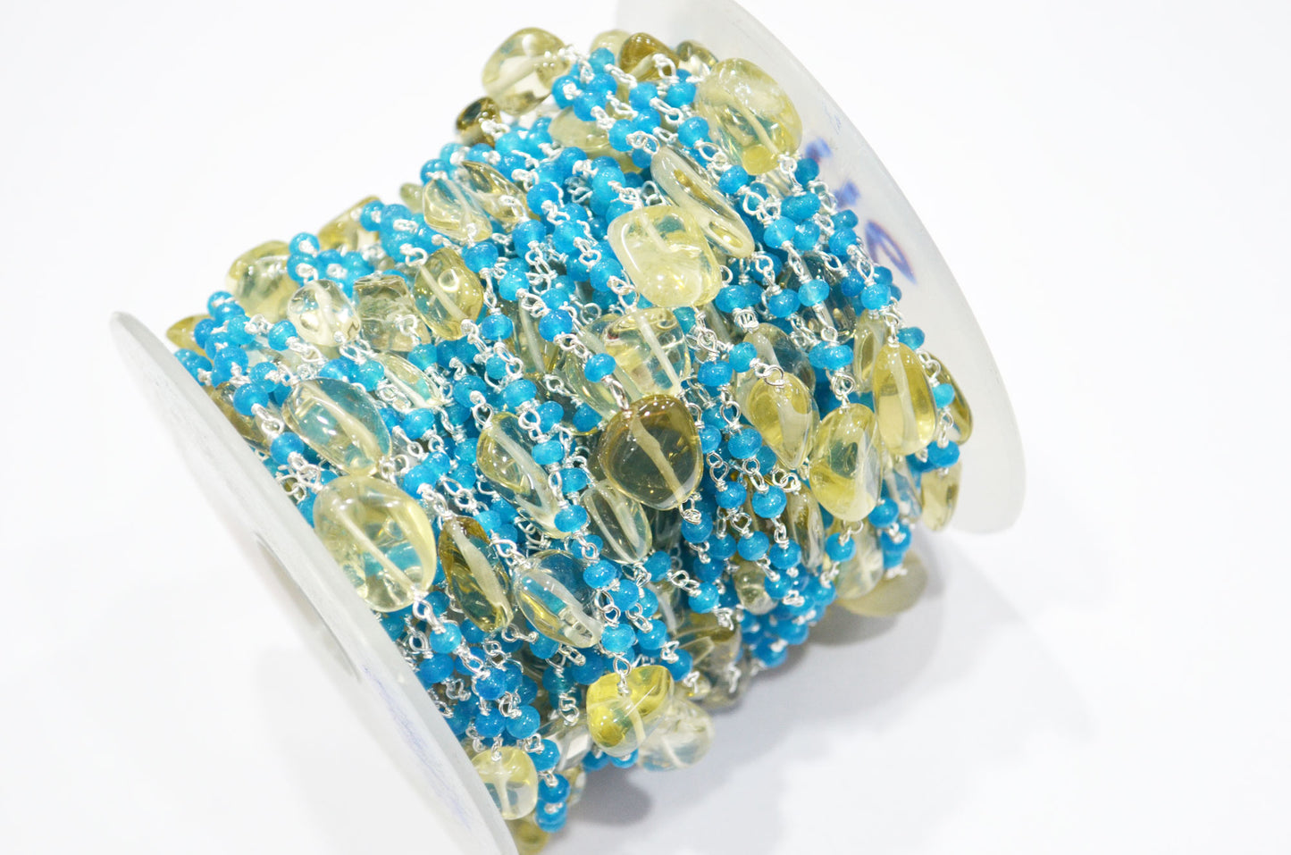 Neon Jade Faceted Rondelle Shape Rosary Beaded Chain , Lemon Quartz Smooth Nuggets Wire Wrapped Chain , 4 mm , RB-6017