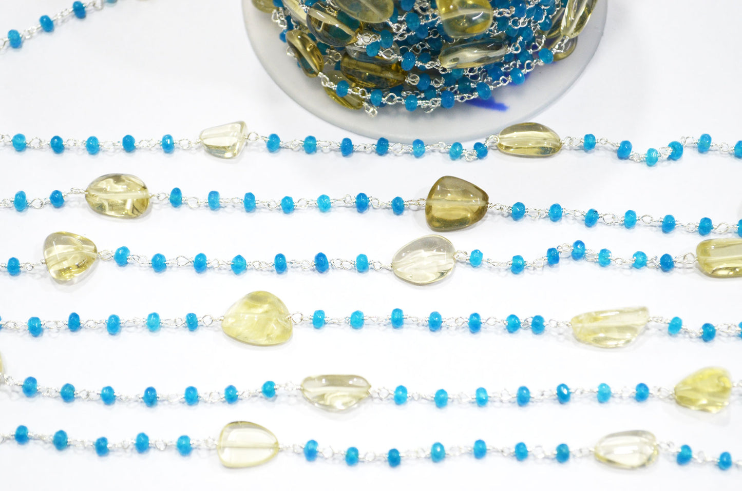 Neon Jade Faceted Rondelle Shape Rosary Beaded Chain , Lemon Quartz Smooth Nuggets Wire Wrapped Chain , 4 mm , RB-6017