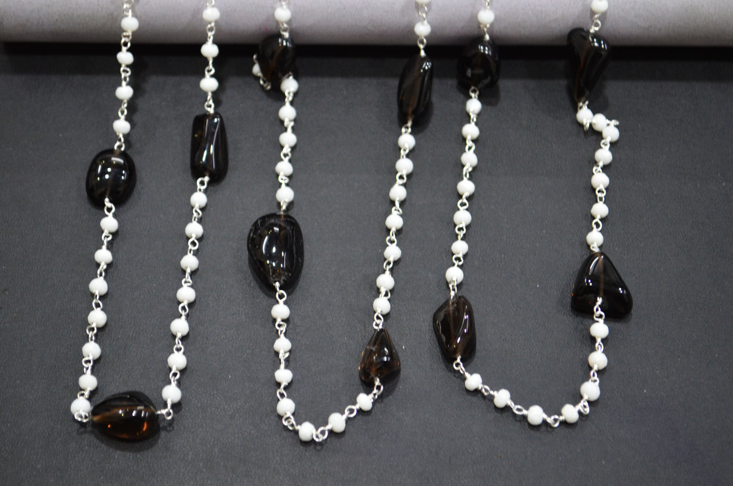 White Jade Faceted Rondelle Shape Rosary Beaded Chain , Black Smoky Quartz Smooth Nuggets Wire Wrapped Chain , 4 mm , RB-6018