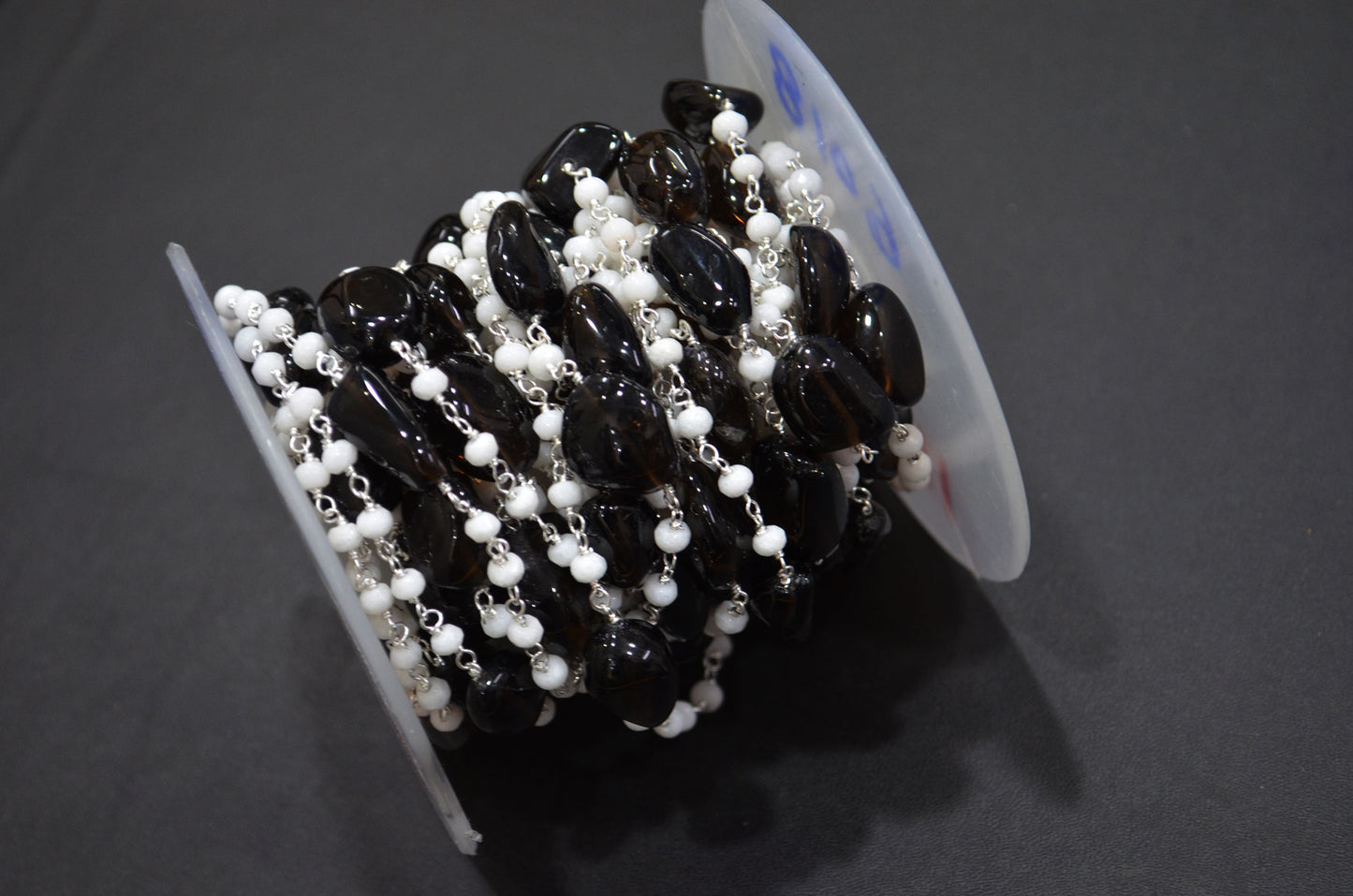 White Jade Faceted Rondelle Shape Rosary Beaded Chain , Black Smoky Quartz Smooth Nuggets Wire Wrapped Chain , 4 mm , RB-6018