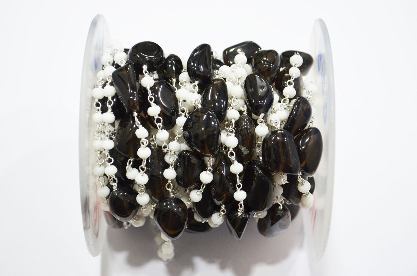 White Jade Faceted Rondelle Shape Rosary Beaded Chain , Black Smoky Quartz Smooth Nuggets Wire Wrapped Chain , 4 mm , RB-6018