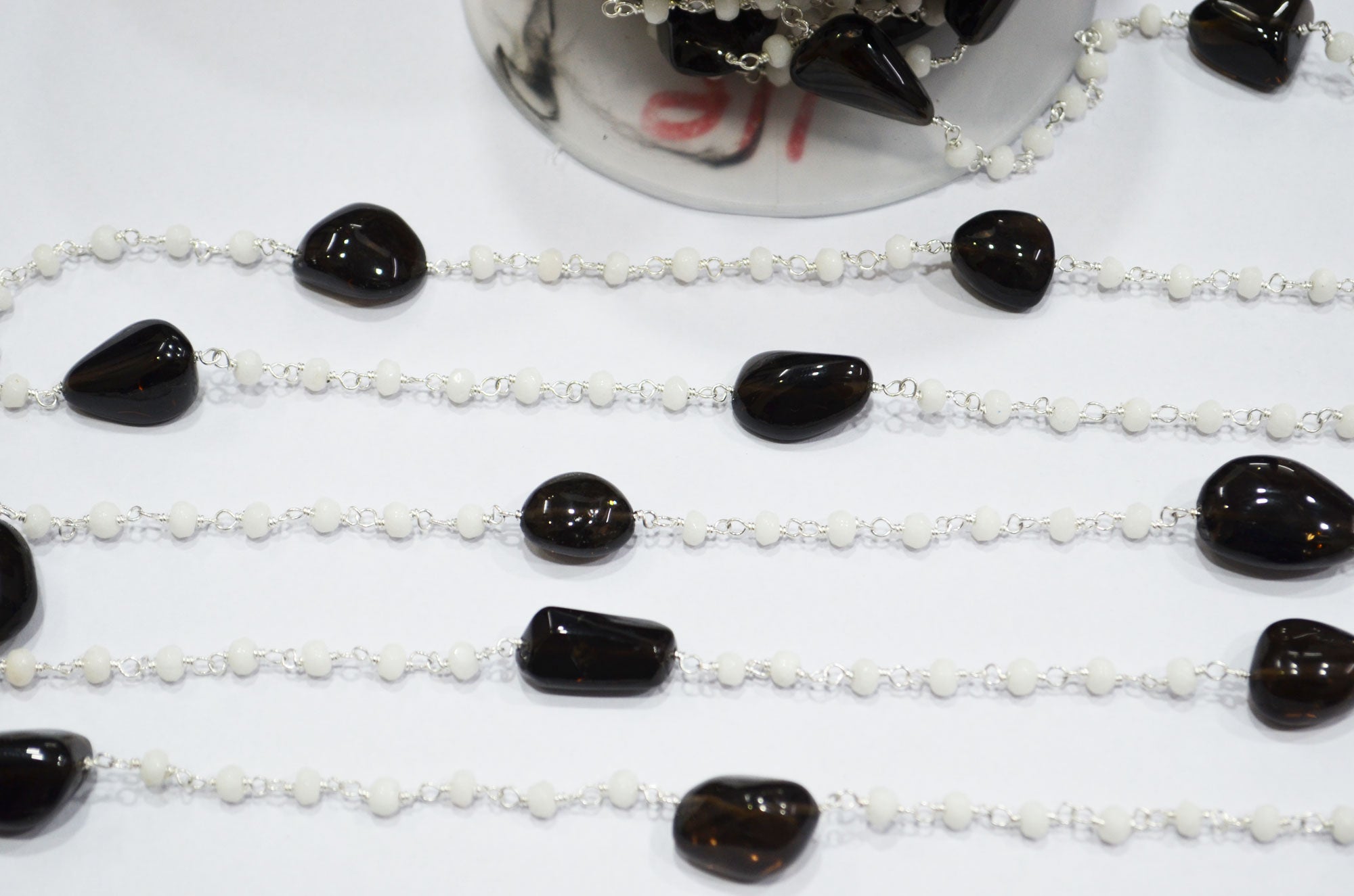 White Jade Faceted Rondelle Shape Rosary Beaded Chain , Black Smoky Quartz Smooth Nuggets Wire Wrapped Chain , 4 mm , RB-6018