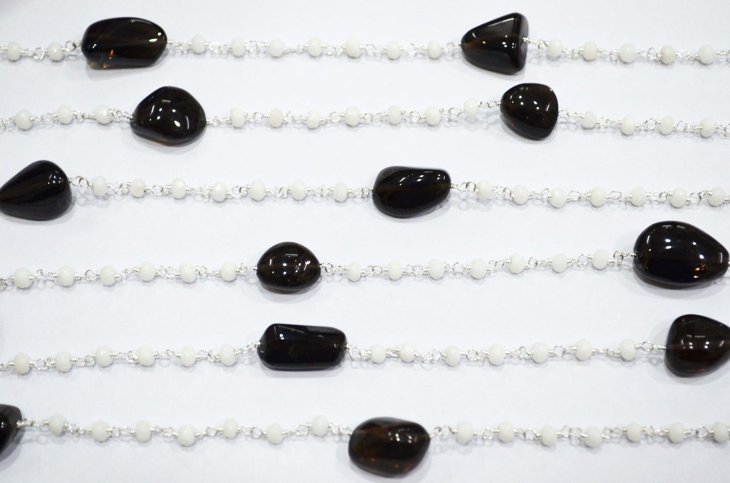 White Jade Faceted Rondelle Shape Rosary Beaded Chain , Black Smoky Quartz Smooth Nuggets Wire Wrapped Chain , 4 mm , RB-6018