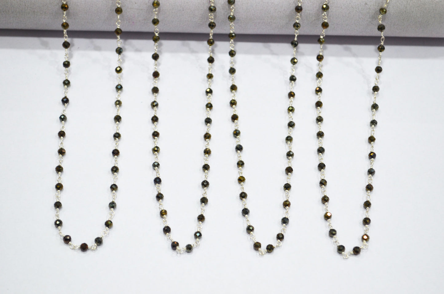 Beautiful Gold Shimmer Coated Black Spinel Rosary Beaded Chain ,Black Spinel Faceted Round Wire Wrapped Chain , 3 mm , RB-6019