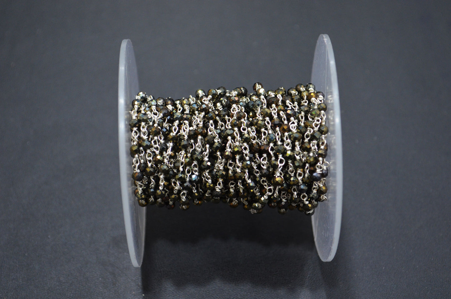 Beautiful Gold Shimmer Coated Black Spinel Rosary Beaded Chain ,Black Spinel Faceted Round Wire Wrapped Chain , 3 mm , RB-6019