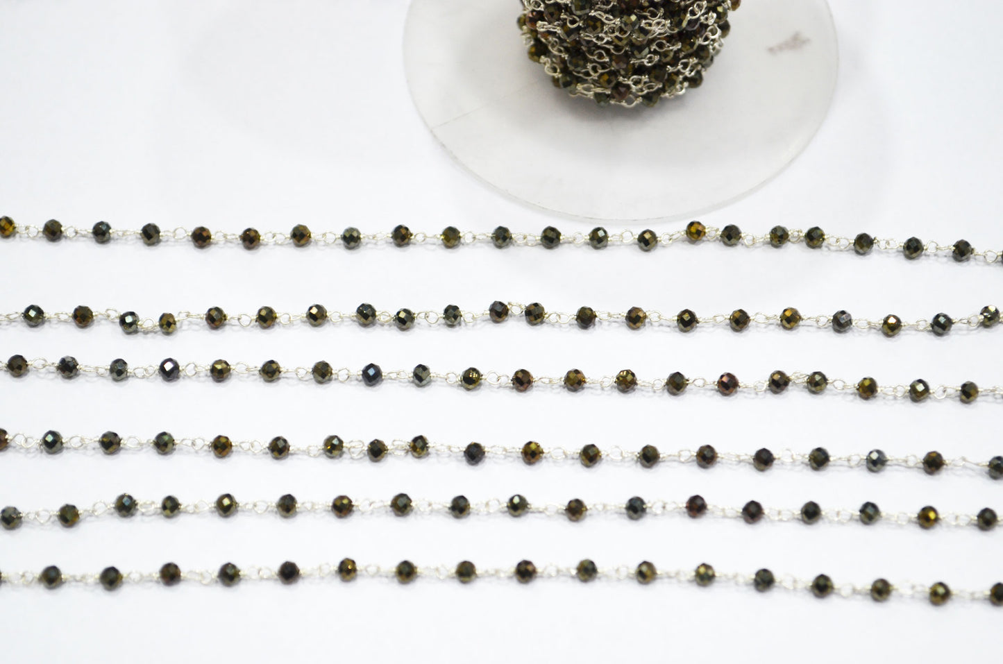 Beautiful Gold Shimmer Coated Black Spinel Rosary Beaded Chain ,Black Spinel Faceted Round Wire Wrapped Chain , 3 mm , RB-6019