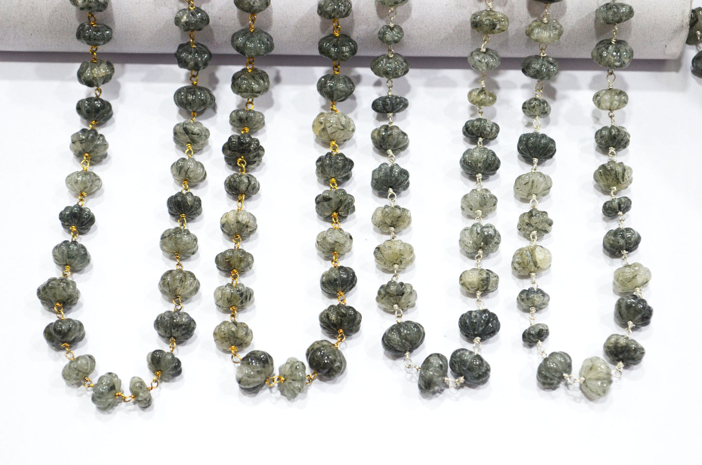 Black Rutile Carved Melon Shape Rosary Beaded Chain , Black Rutile Carved Melon Wire Wrapped Chain , 10 - 11 mm , RB-6025